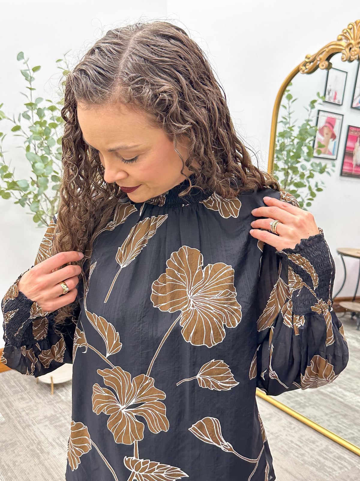 Black & Brown Floral Smocked Neck Blouse