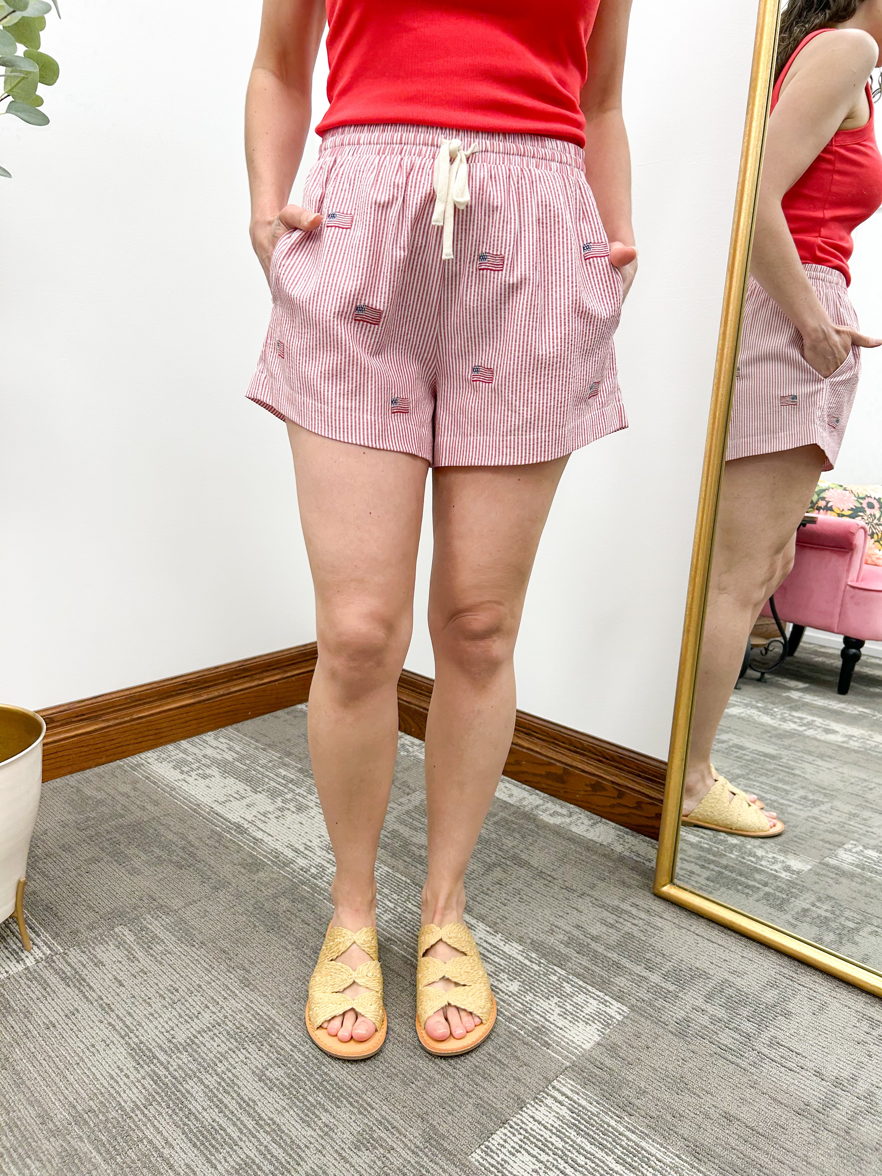 American flag shorts, red striped shorts, 4th of July shorts
