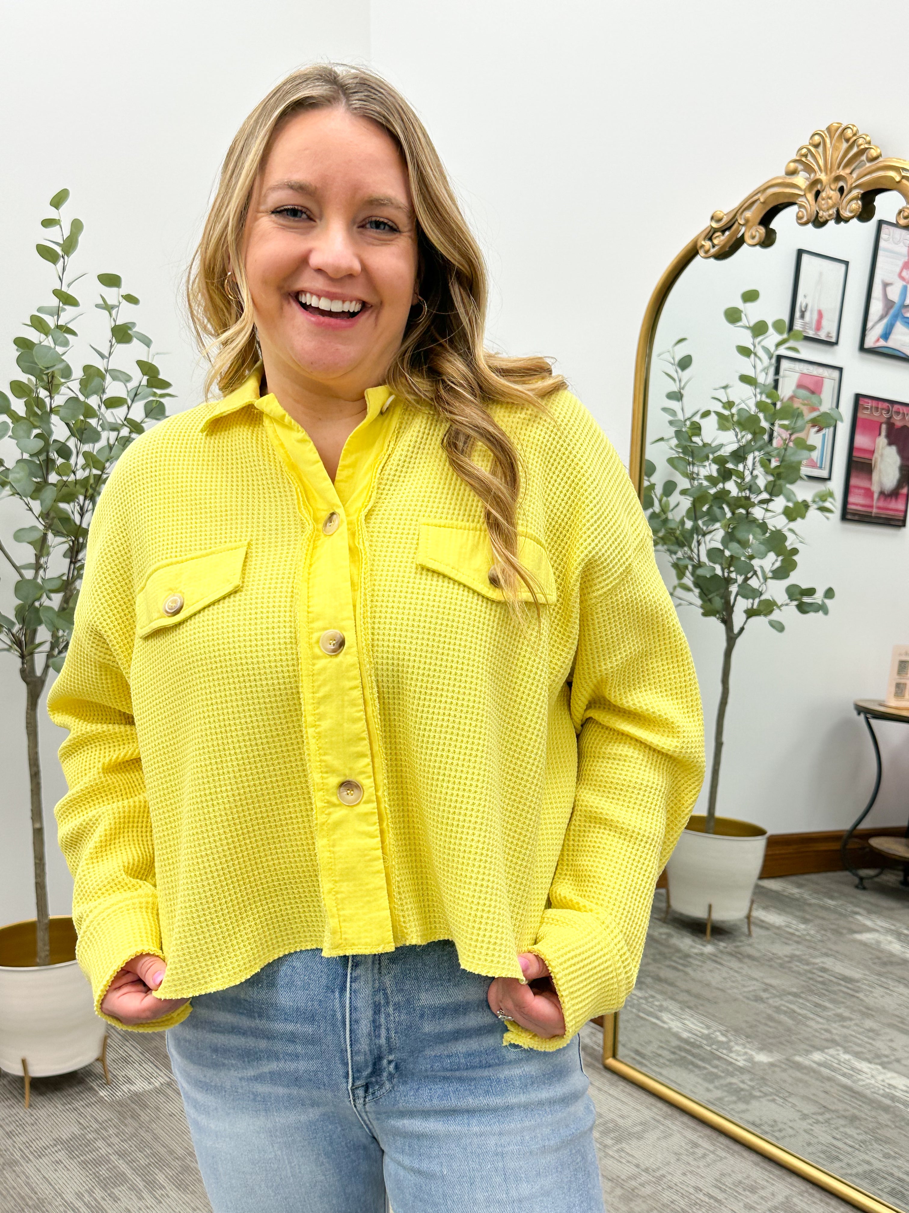 Yellow Waffle Knit Cropped Shacket