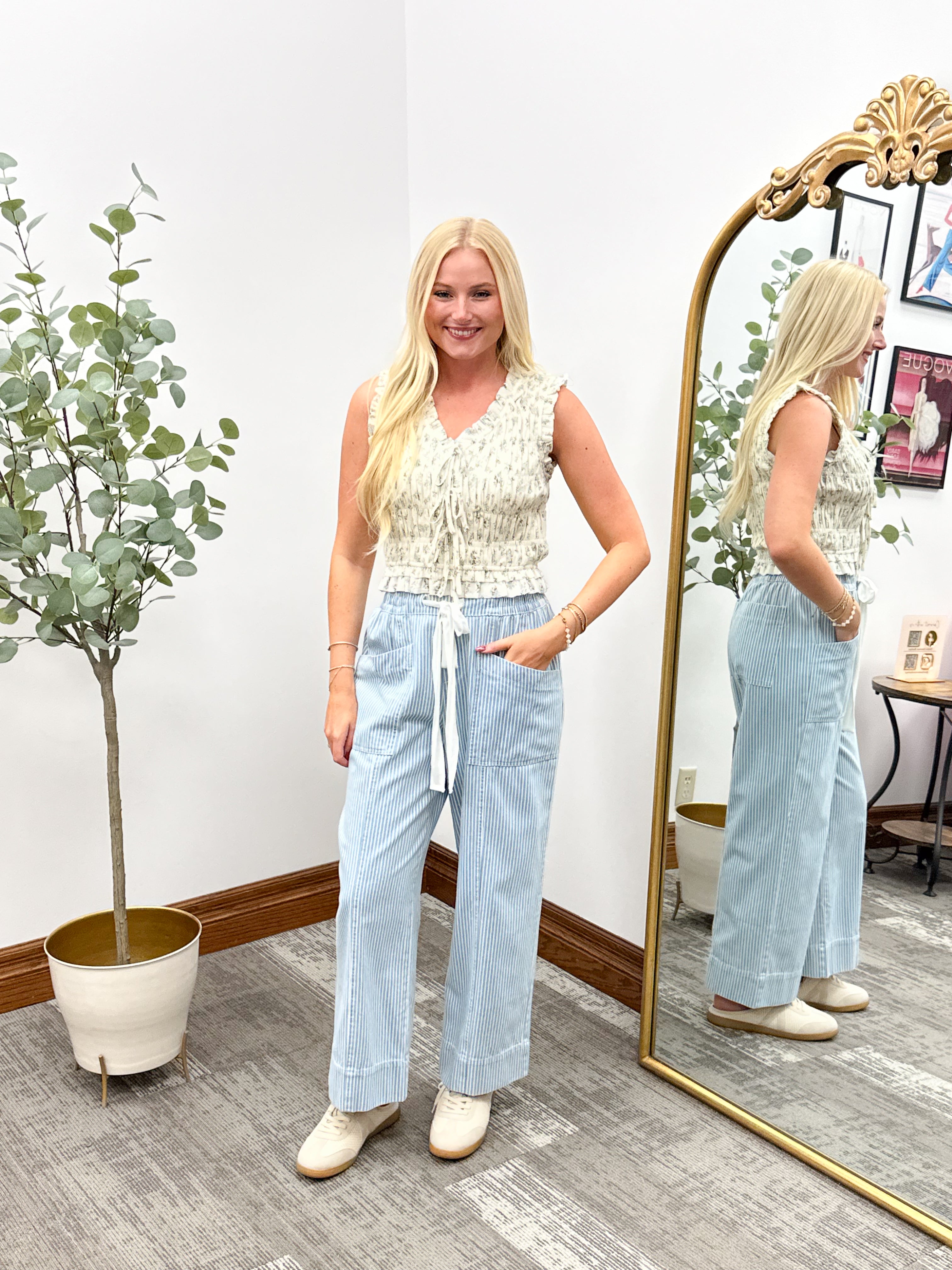Blue & White Striped Wide Leg Pants