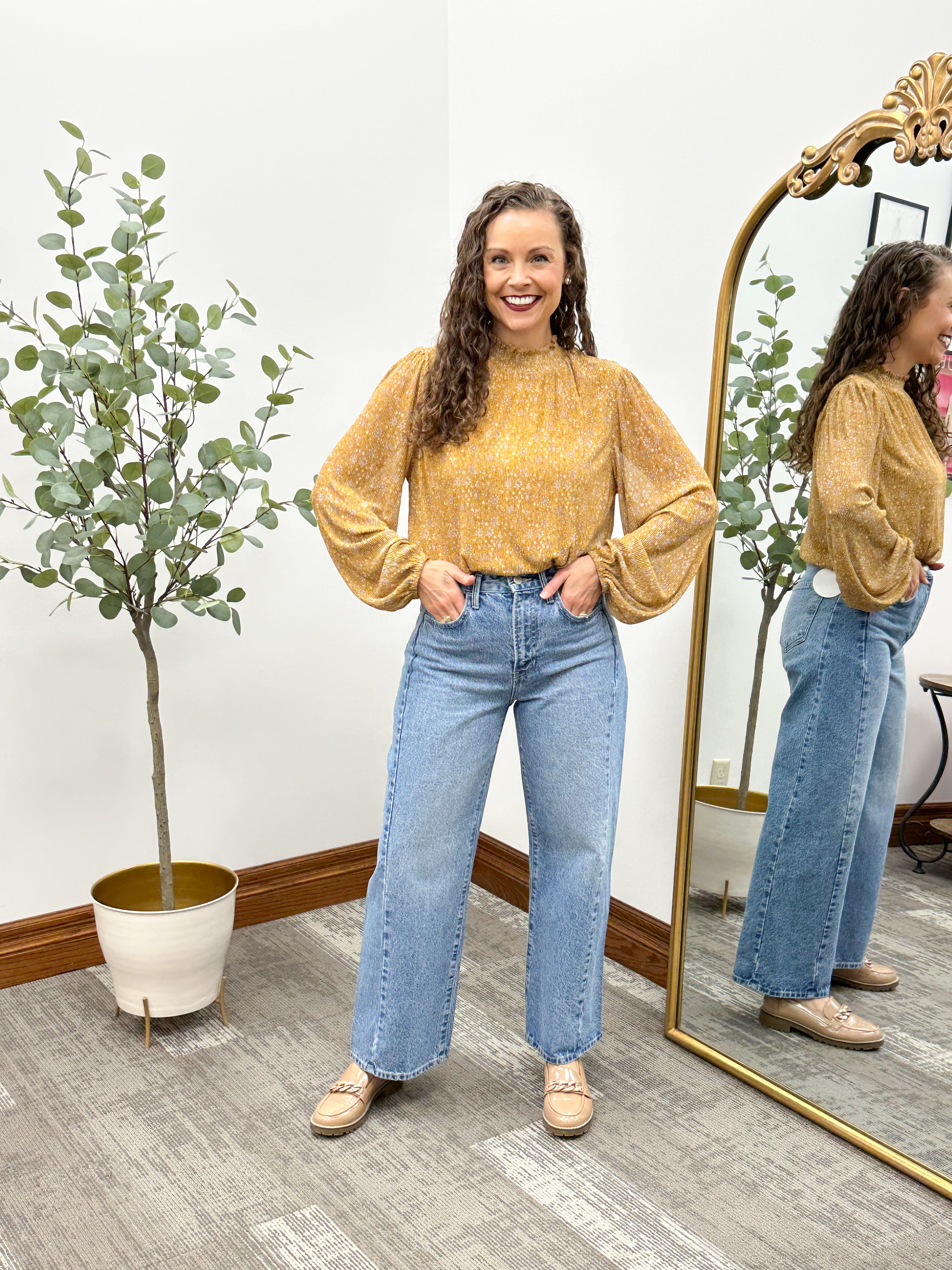 Floral Mustard Pleated Blouse