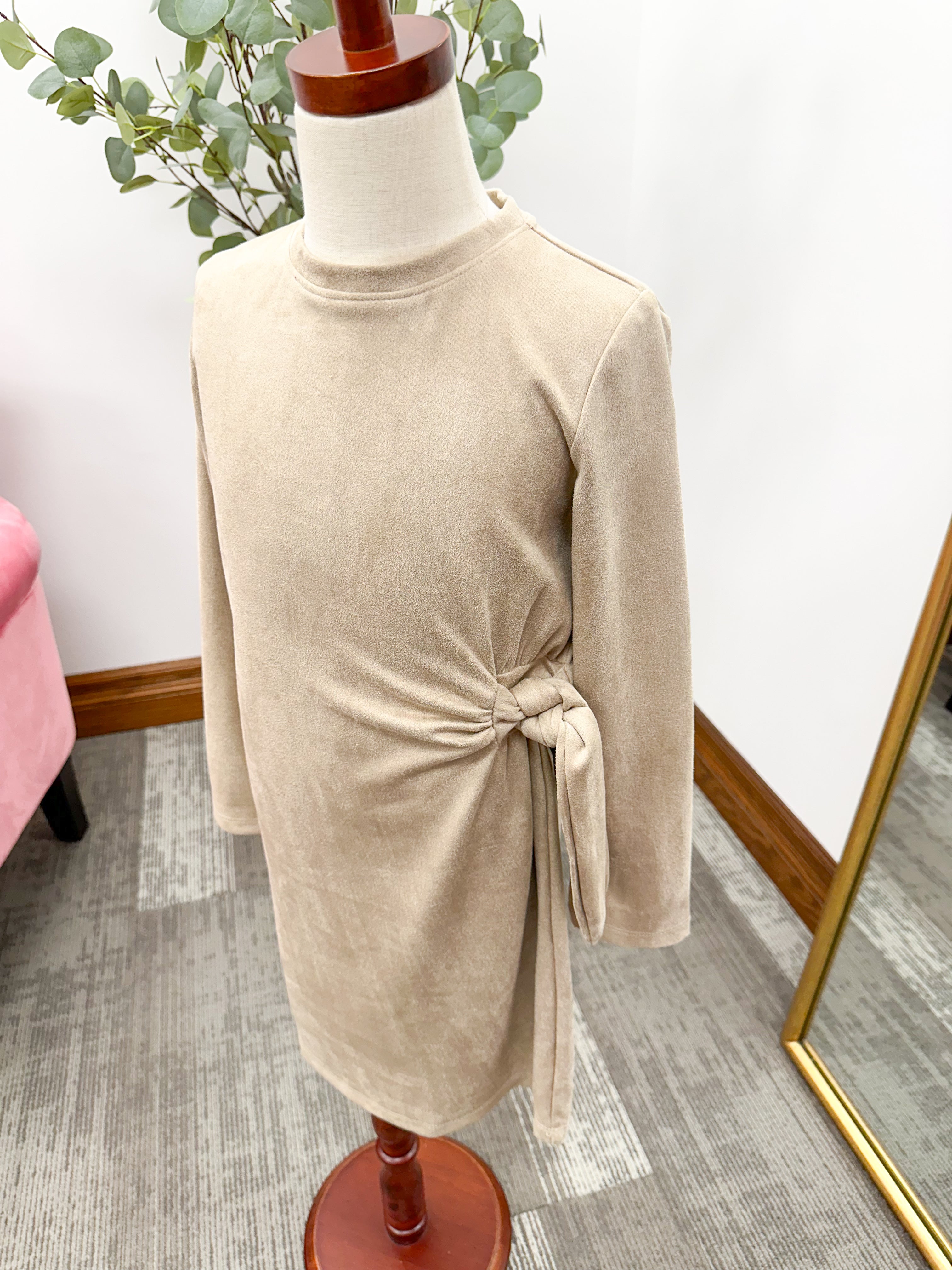 Girls Taupe Suede Tie Dress
