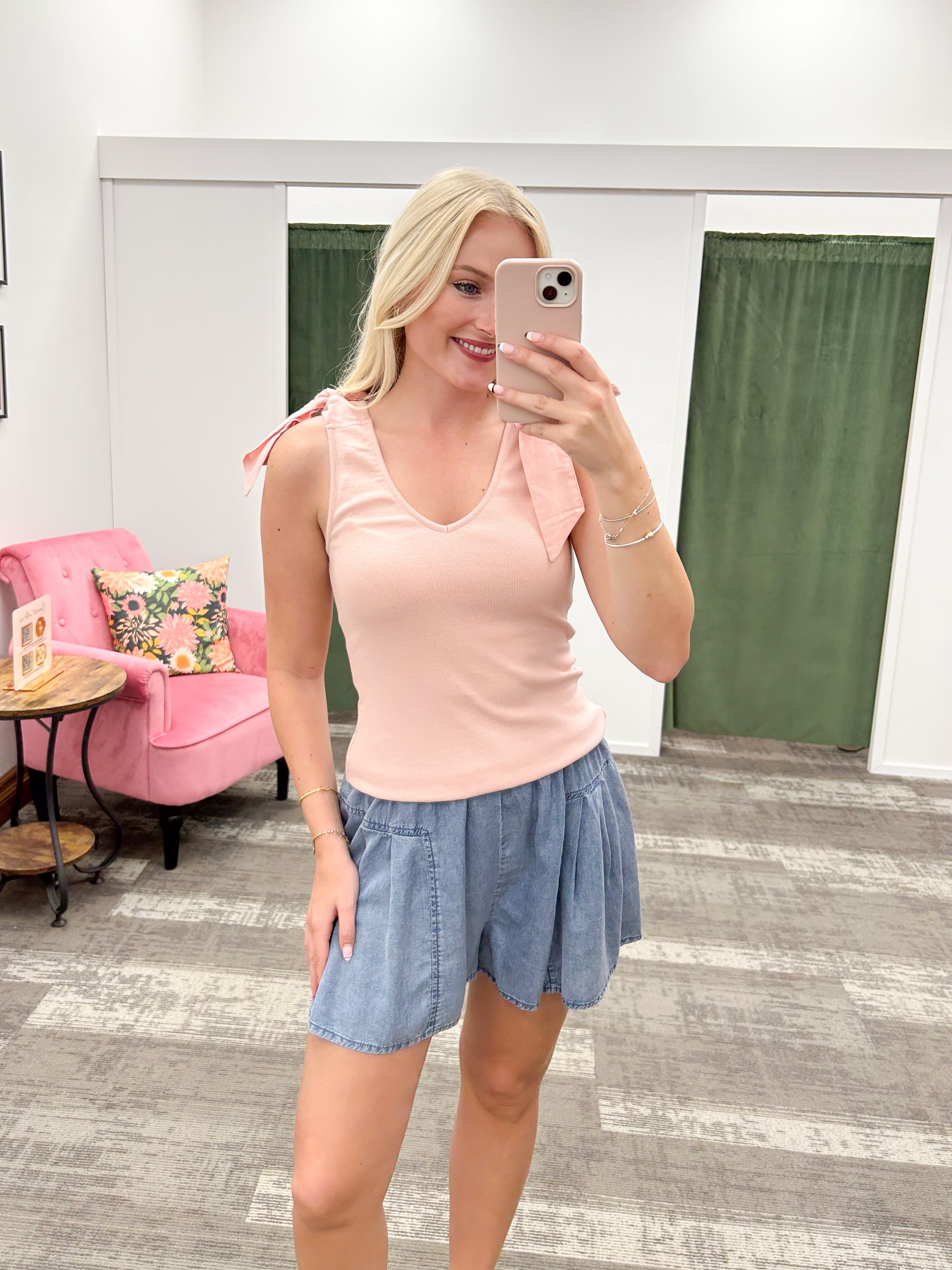 Tencel Denim Elastic Waist Pintuck Wide Leg Shorts