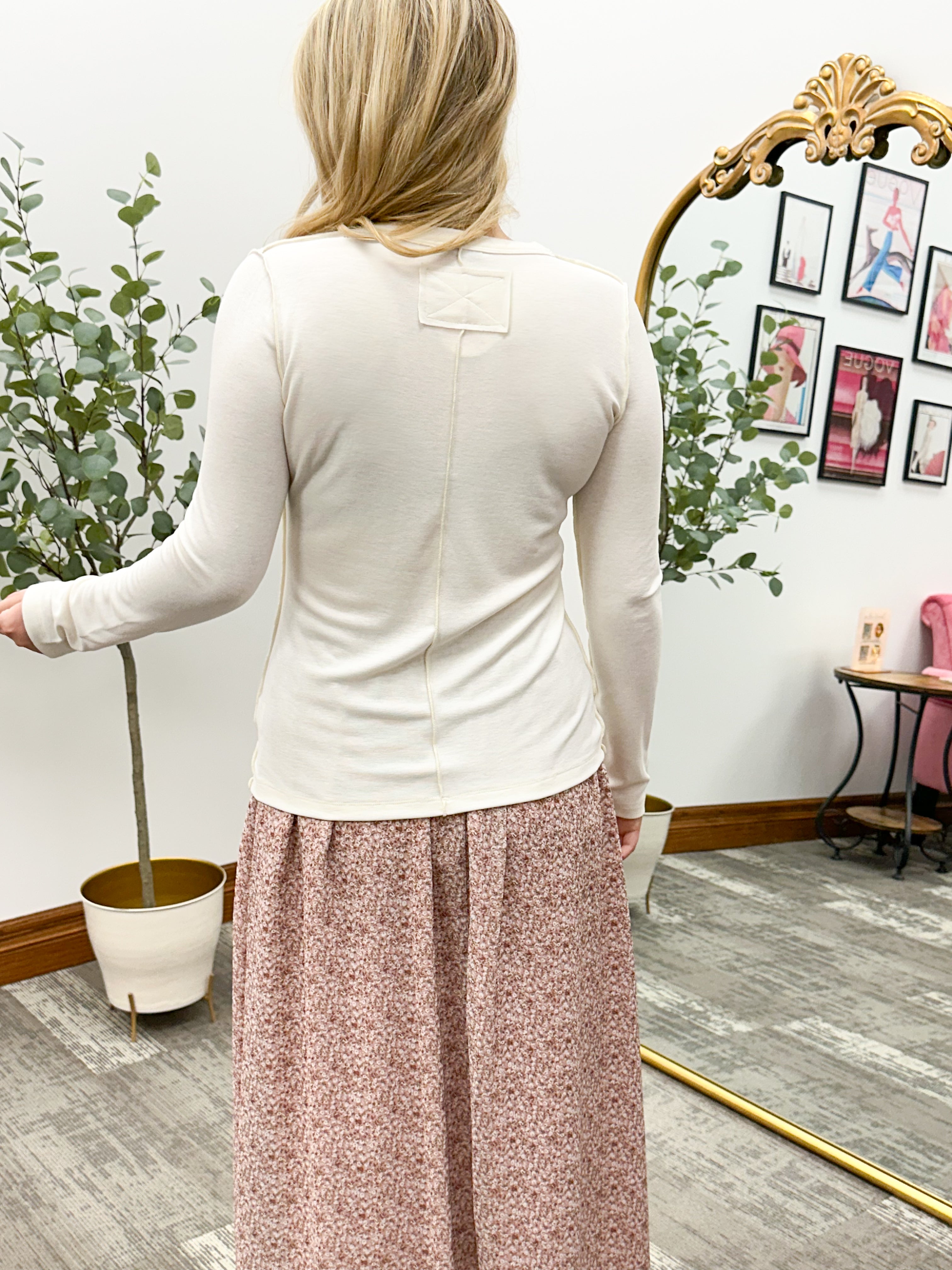 Cream Ribbed Long Sleeve Top
