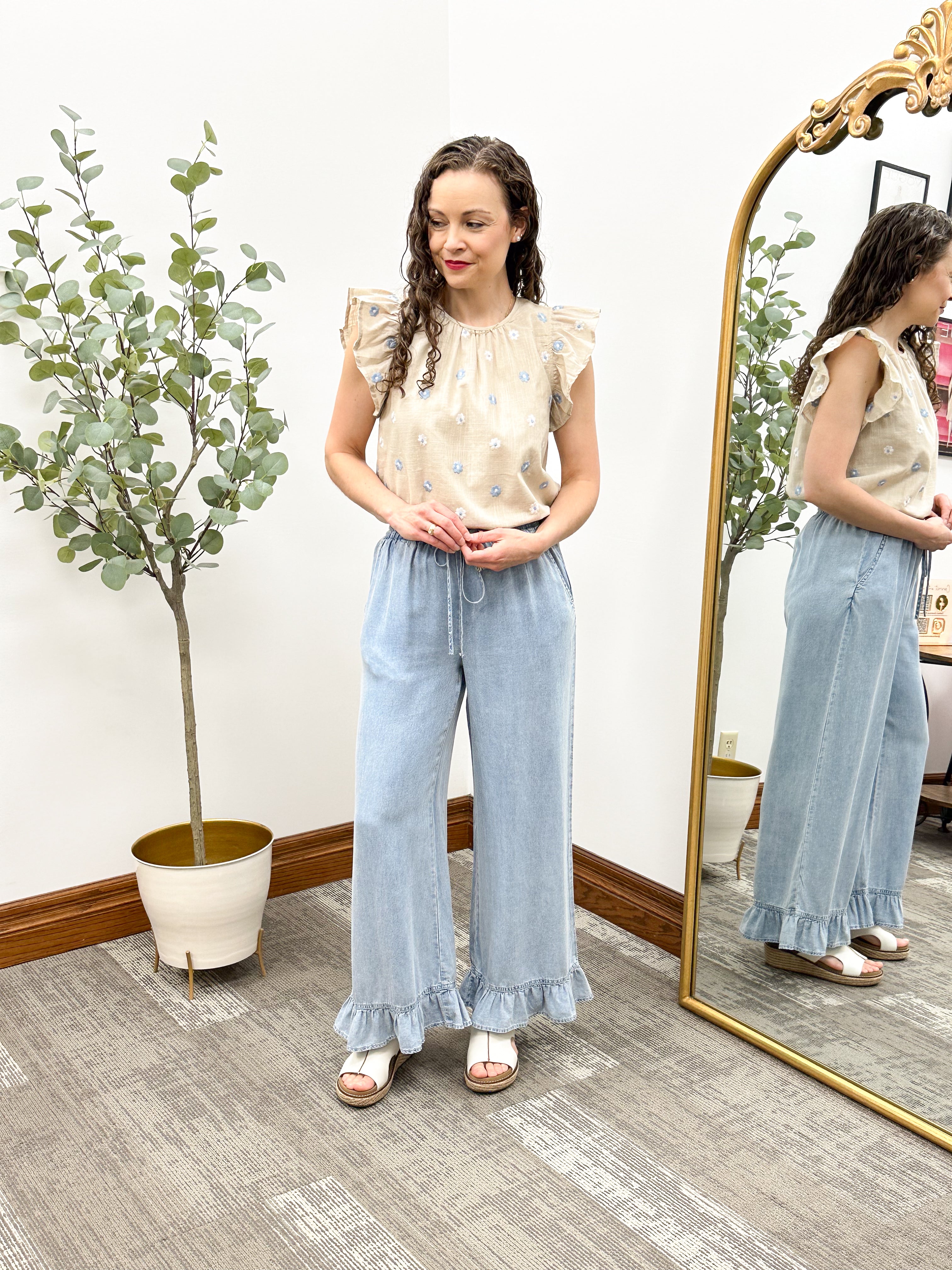 Blue Floral Embroidered Ruffle Sleeve Top