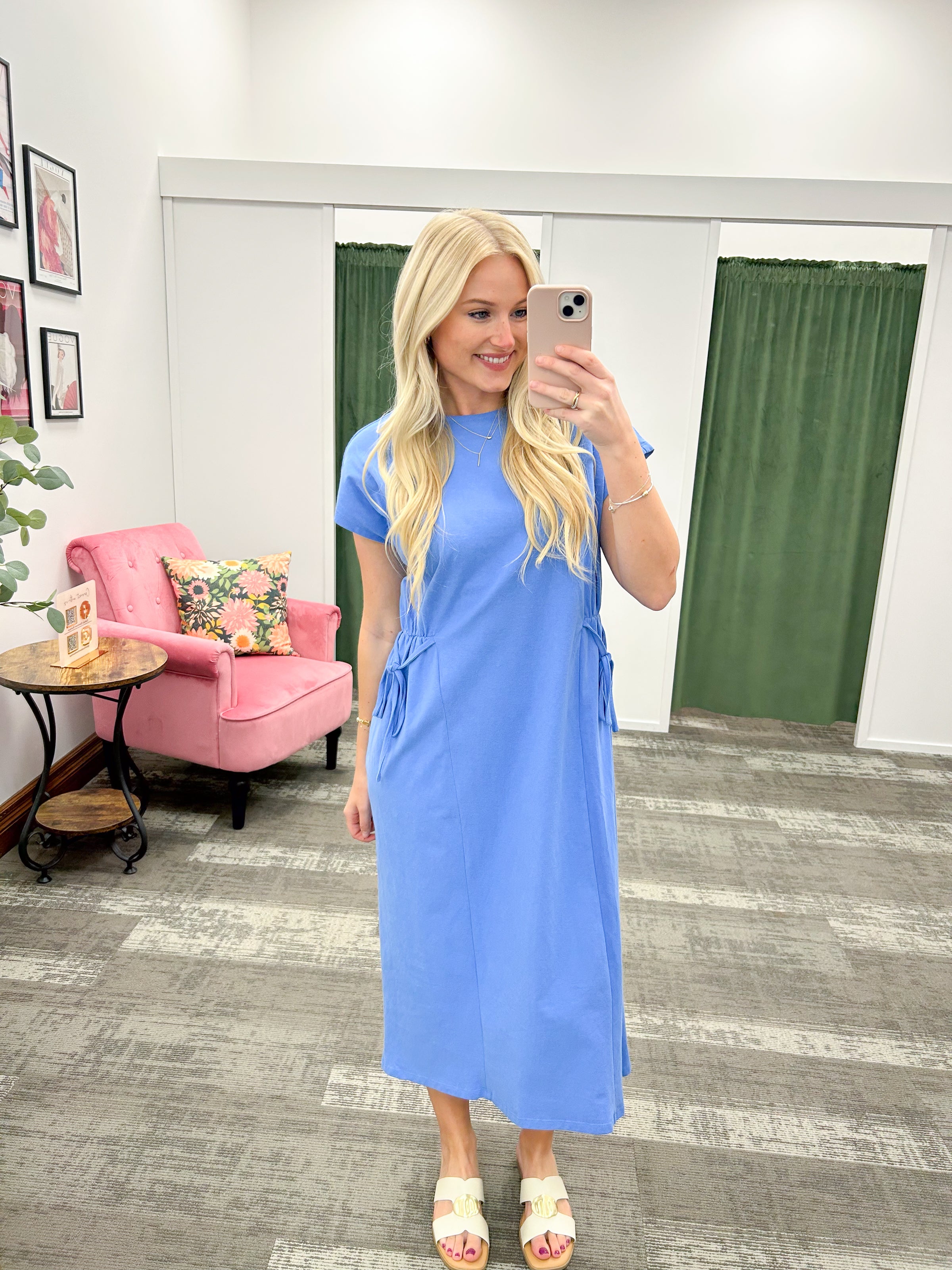 Blue Side Tie Cotton Midi Dress