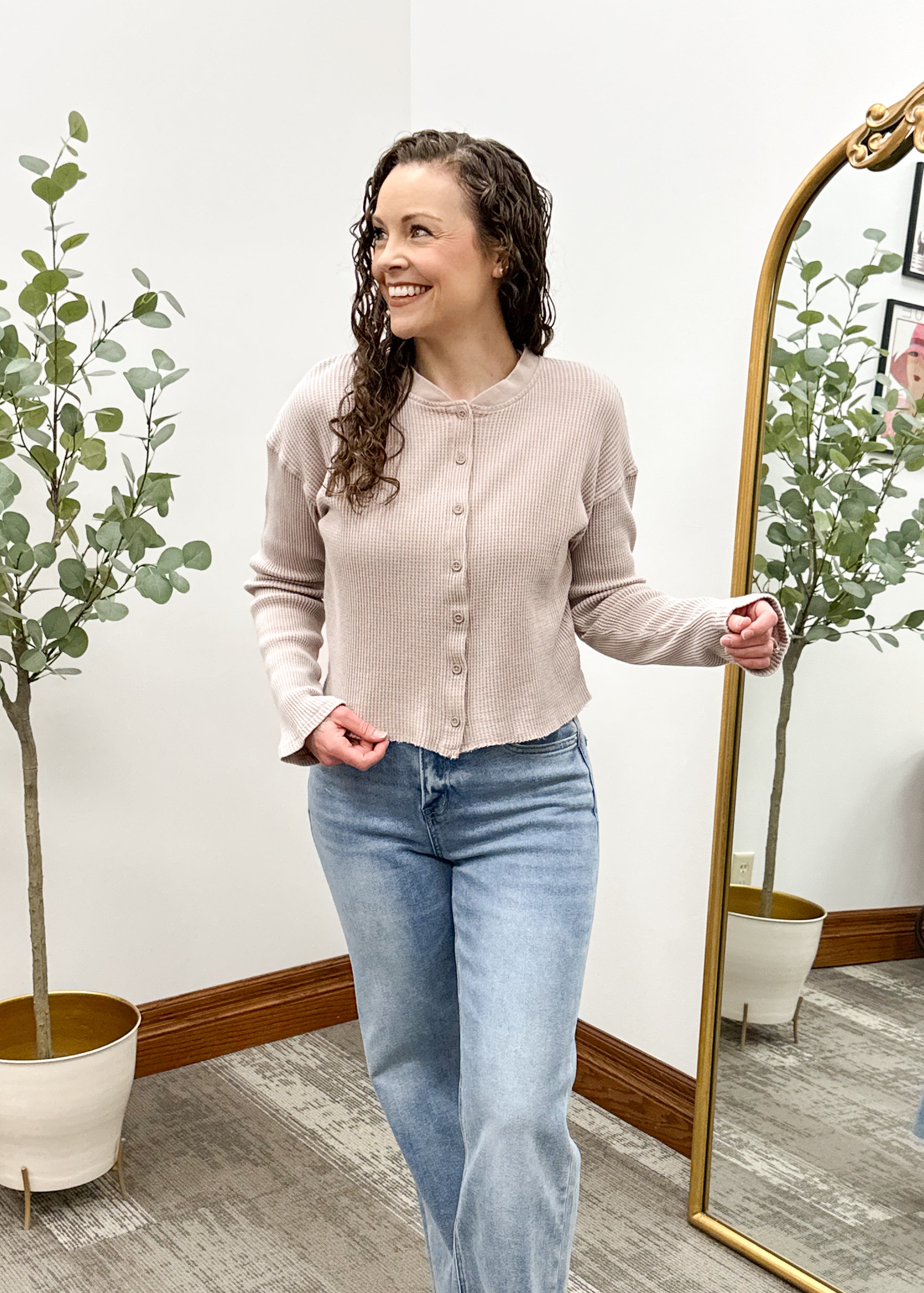 Cropped Waffle Knit Button Up Top