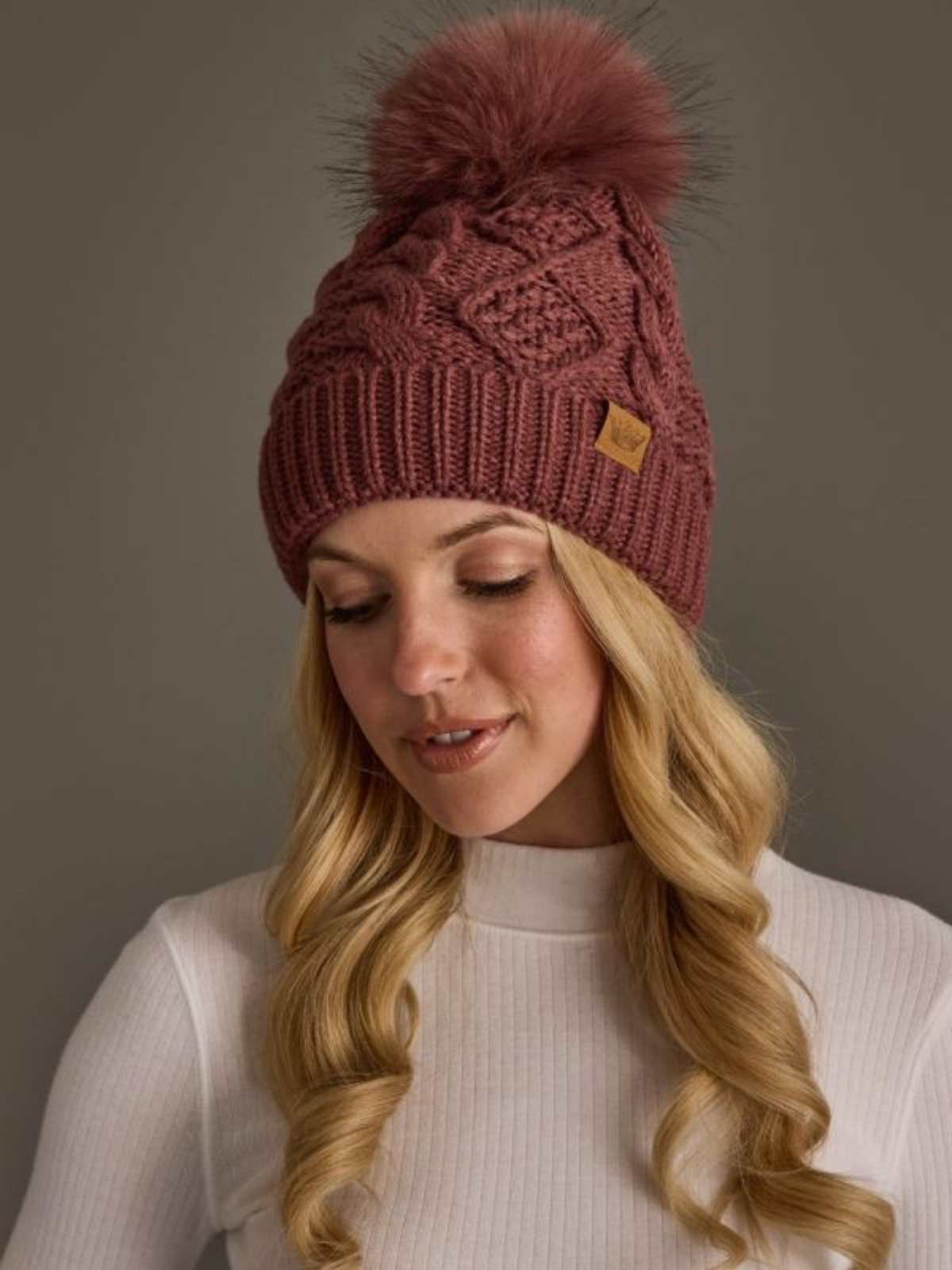 Dark Mauve Cable Knit Pom Hat