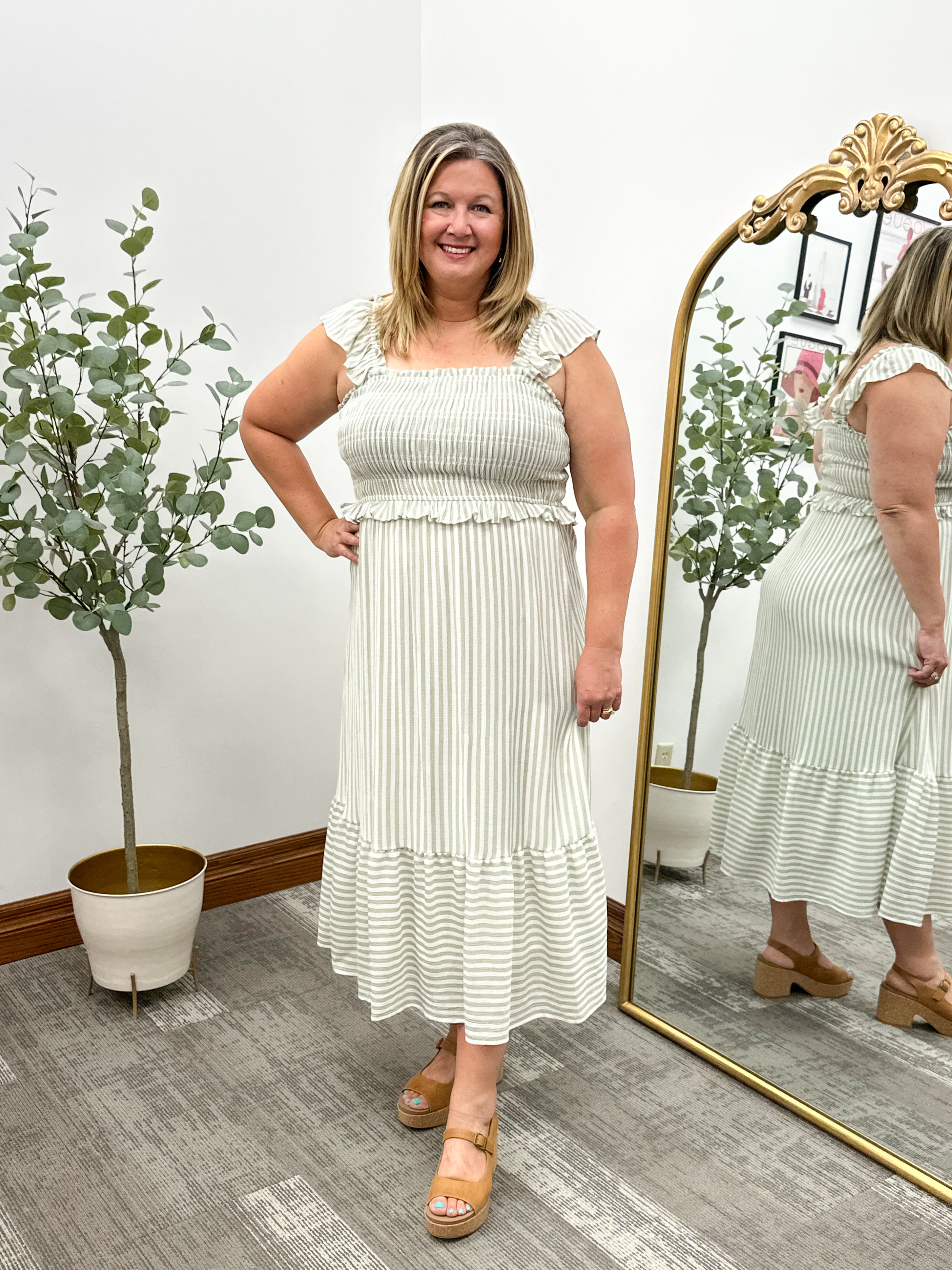 Smocked Sage Striped Midi Dress