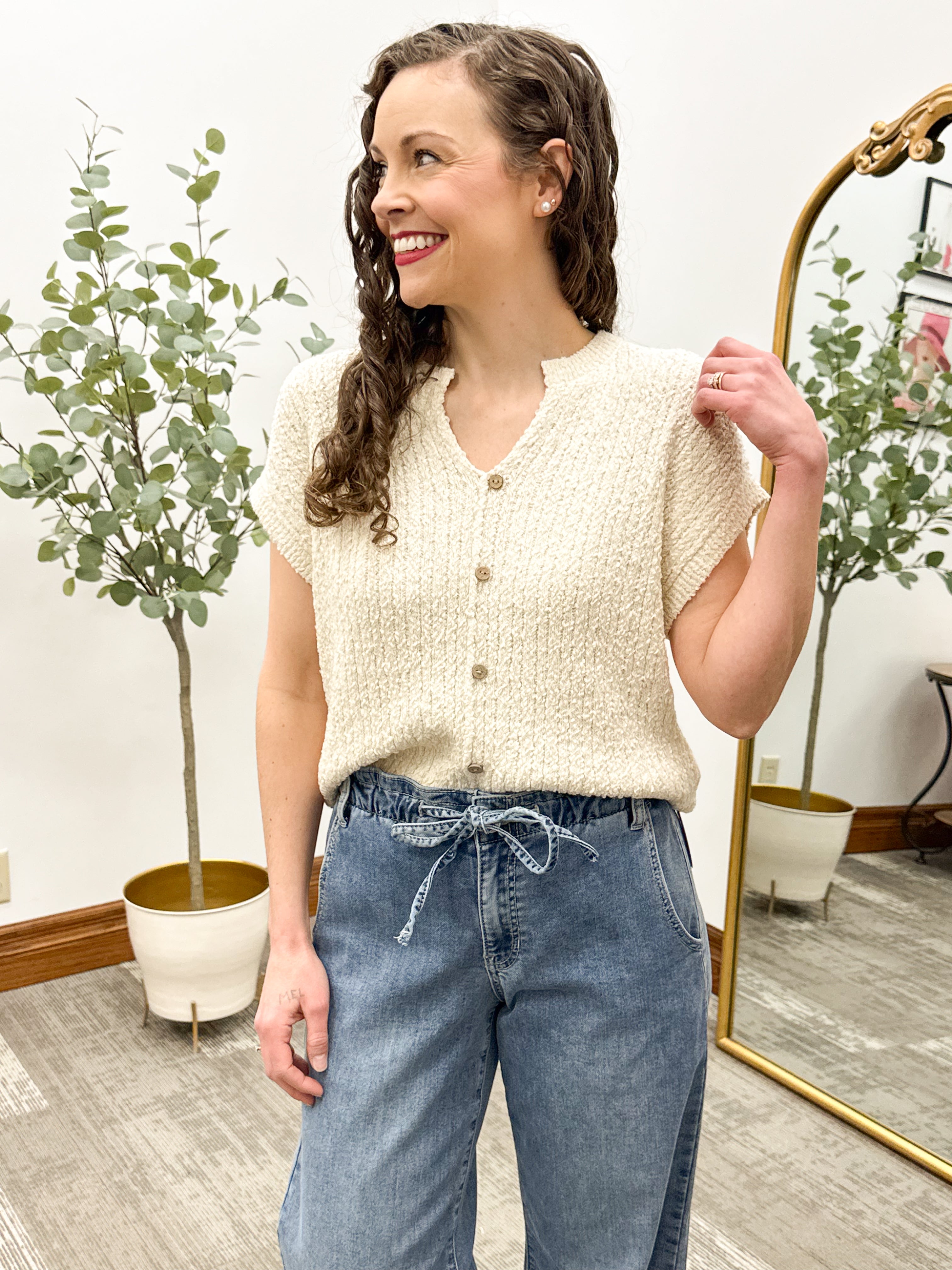 Short Sleeve Button Sweater