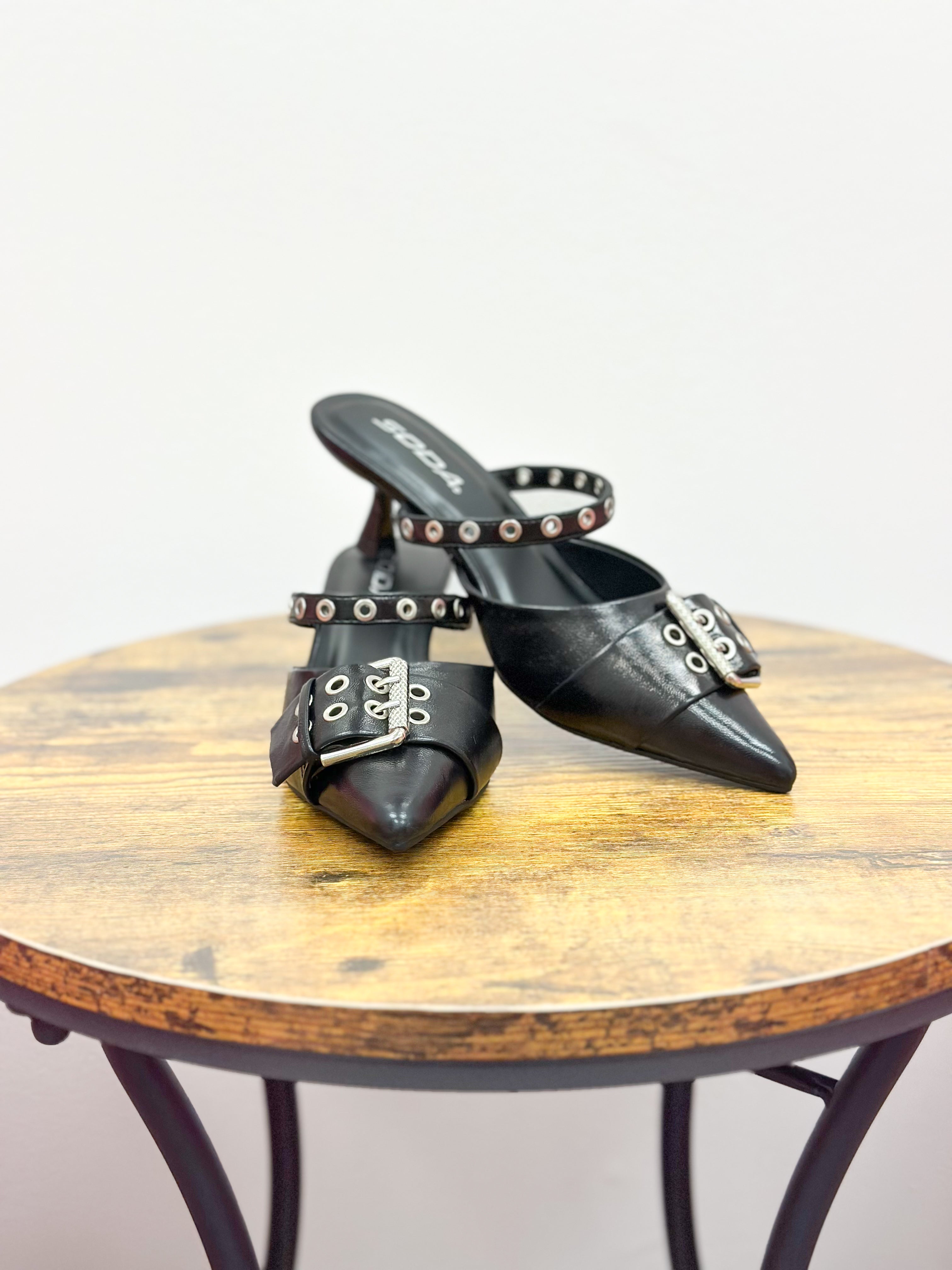 Black Pointed Toe Grommet Detail Kitten Heels