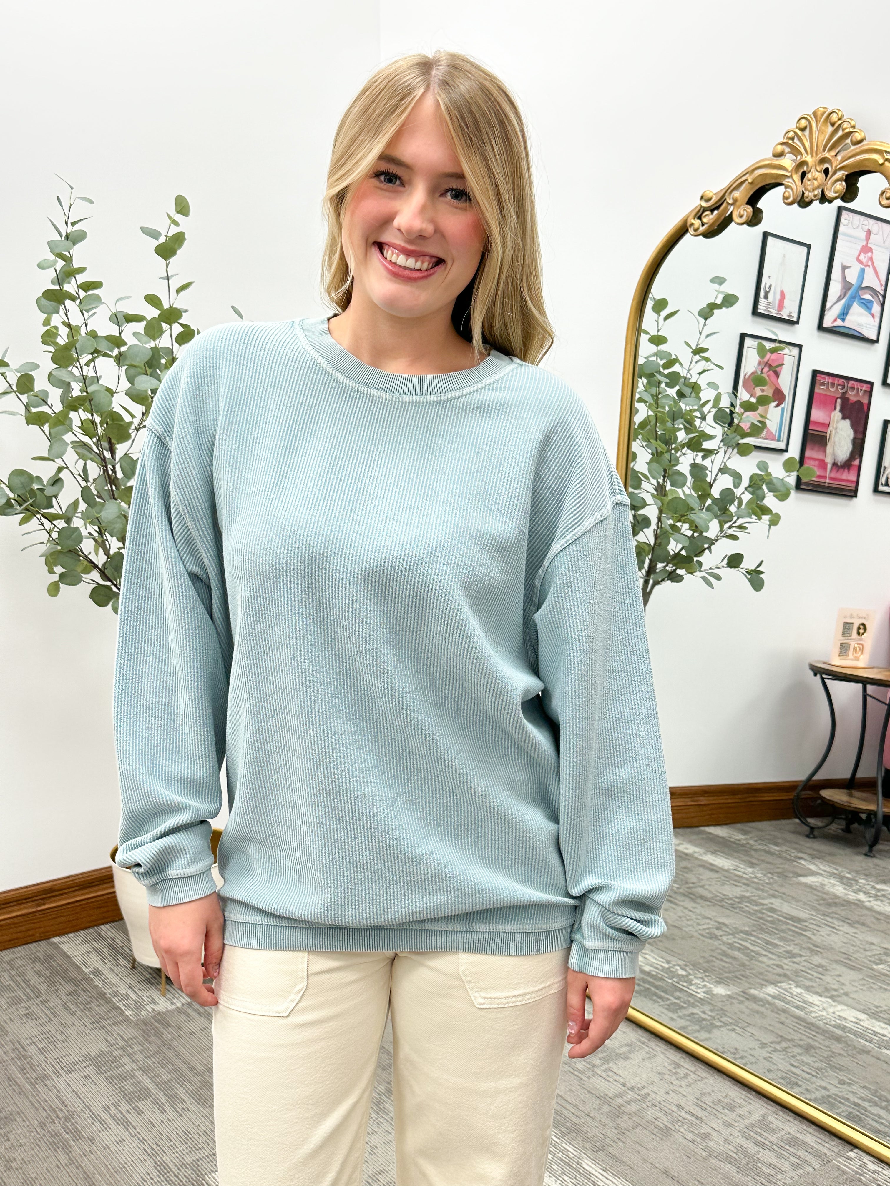 Erika Dusty Teal Corded Crewneck