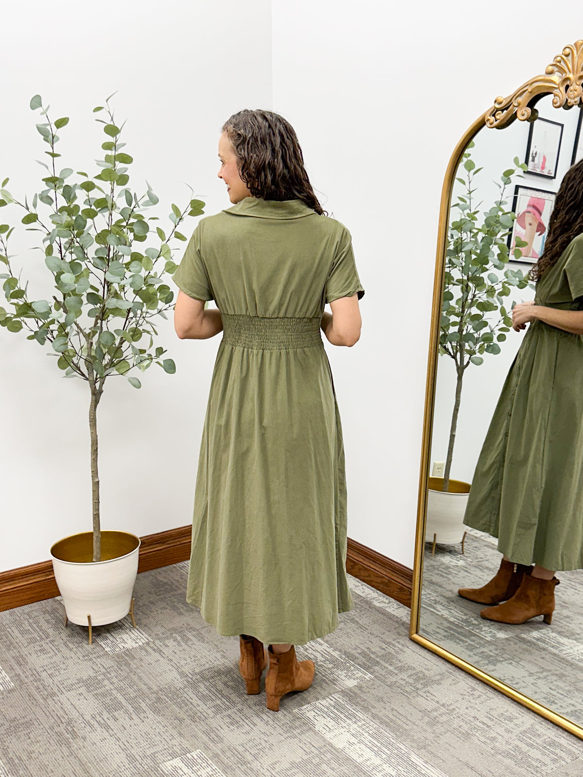 Olive Corduroy Button Front Midi Dress