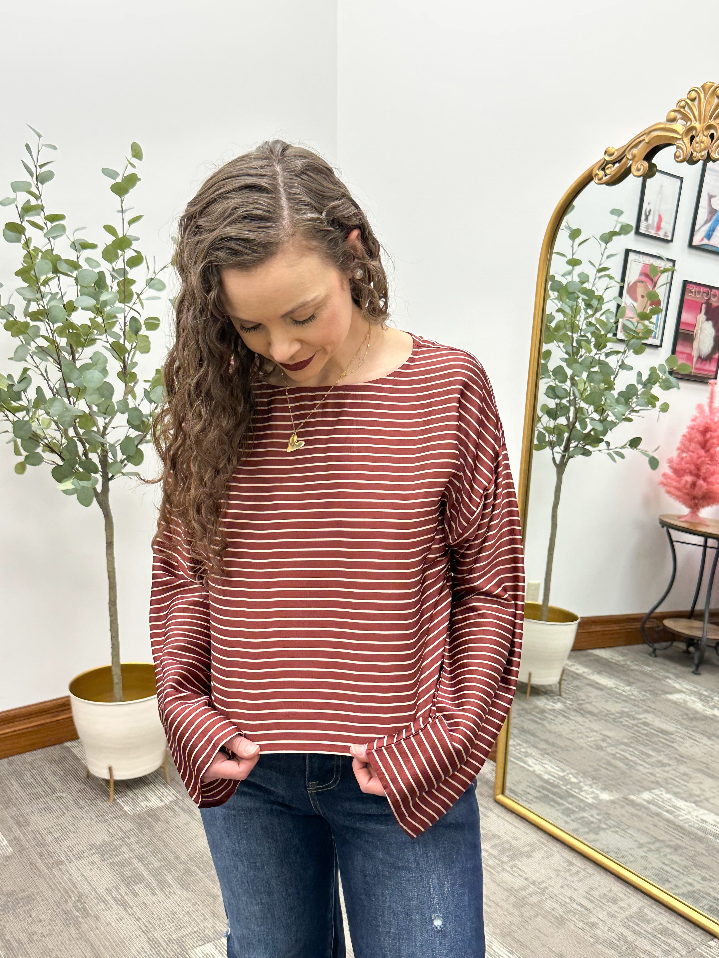 Burgundy & Cream Striped Cropped Blouse