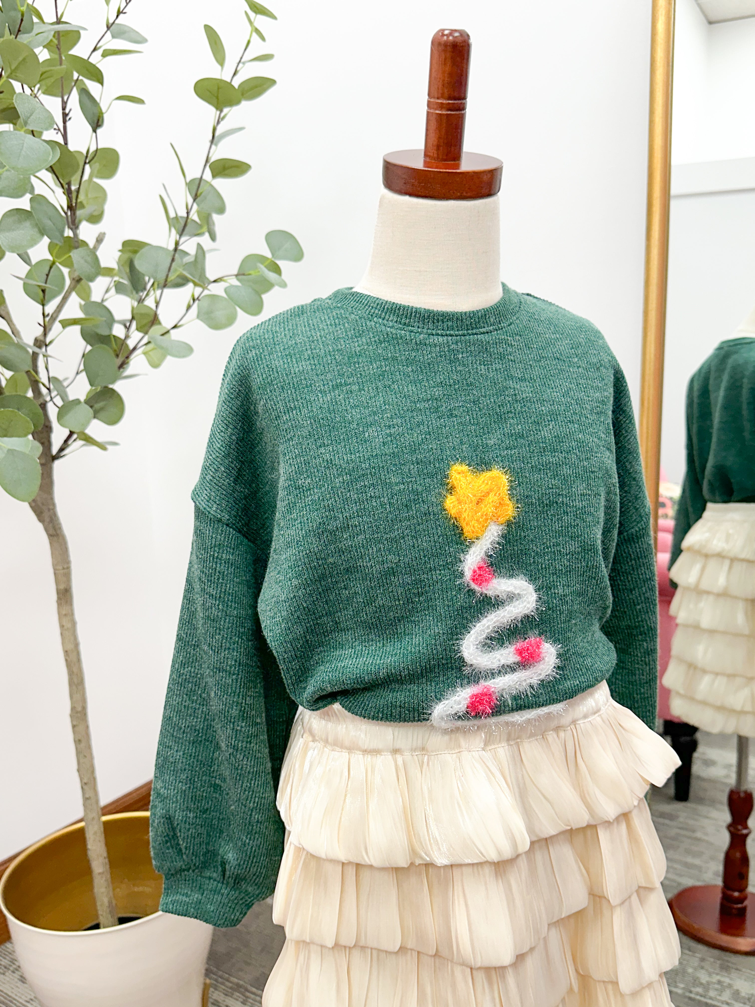 Girls Green Tinsel Christmas Tree Sweater