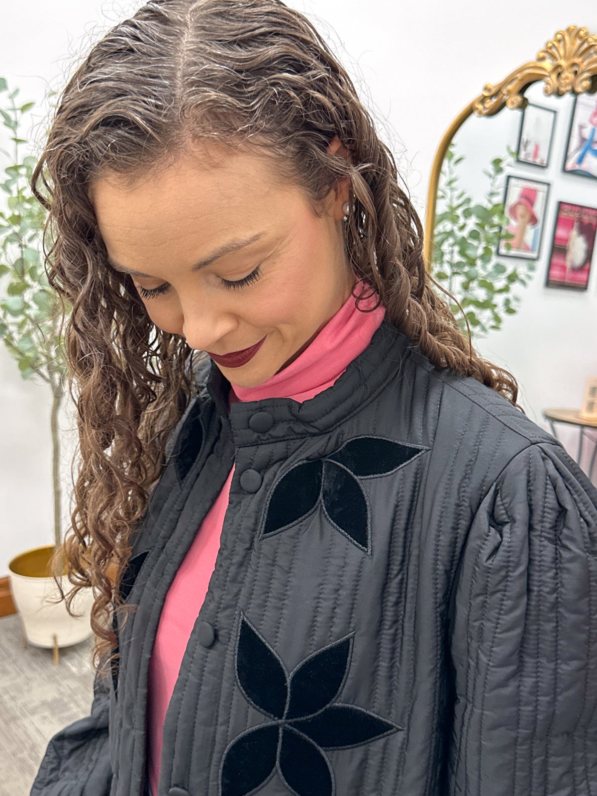 Black Velvet Flower Quilted Jacket