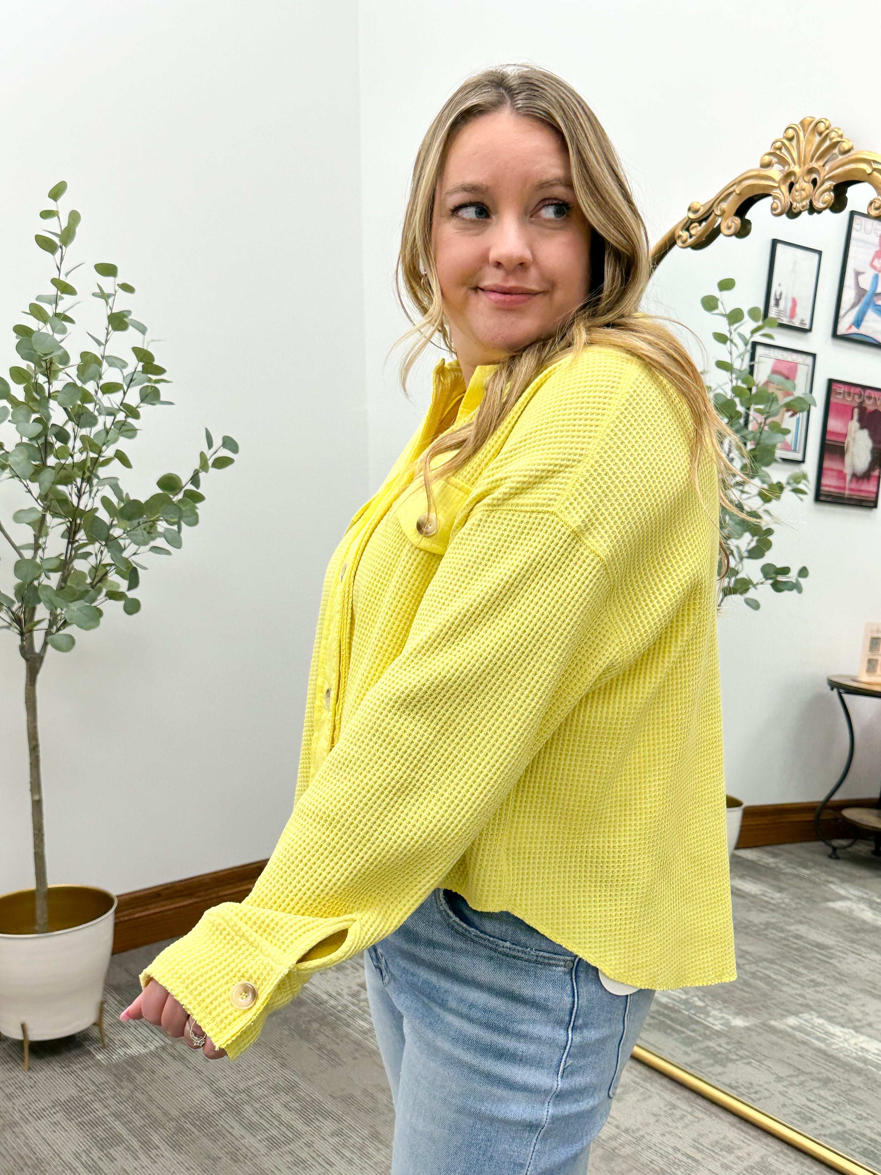 Yellow Waffle Knit Cropped Shacket