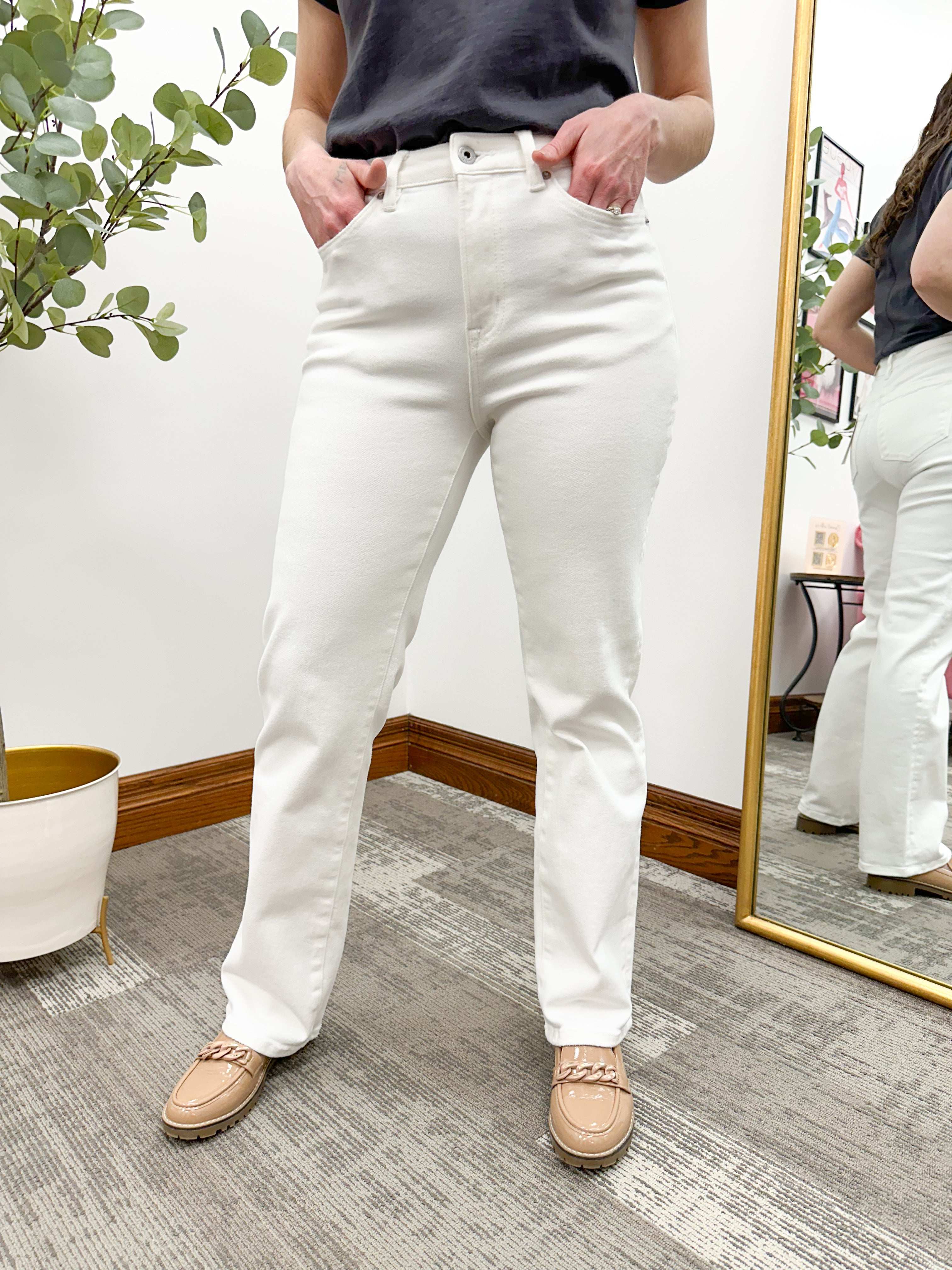 Off White High Rise Straight Leg Jeans