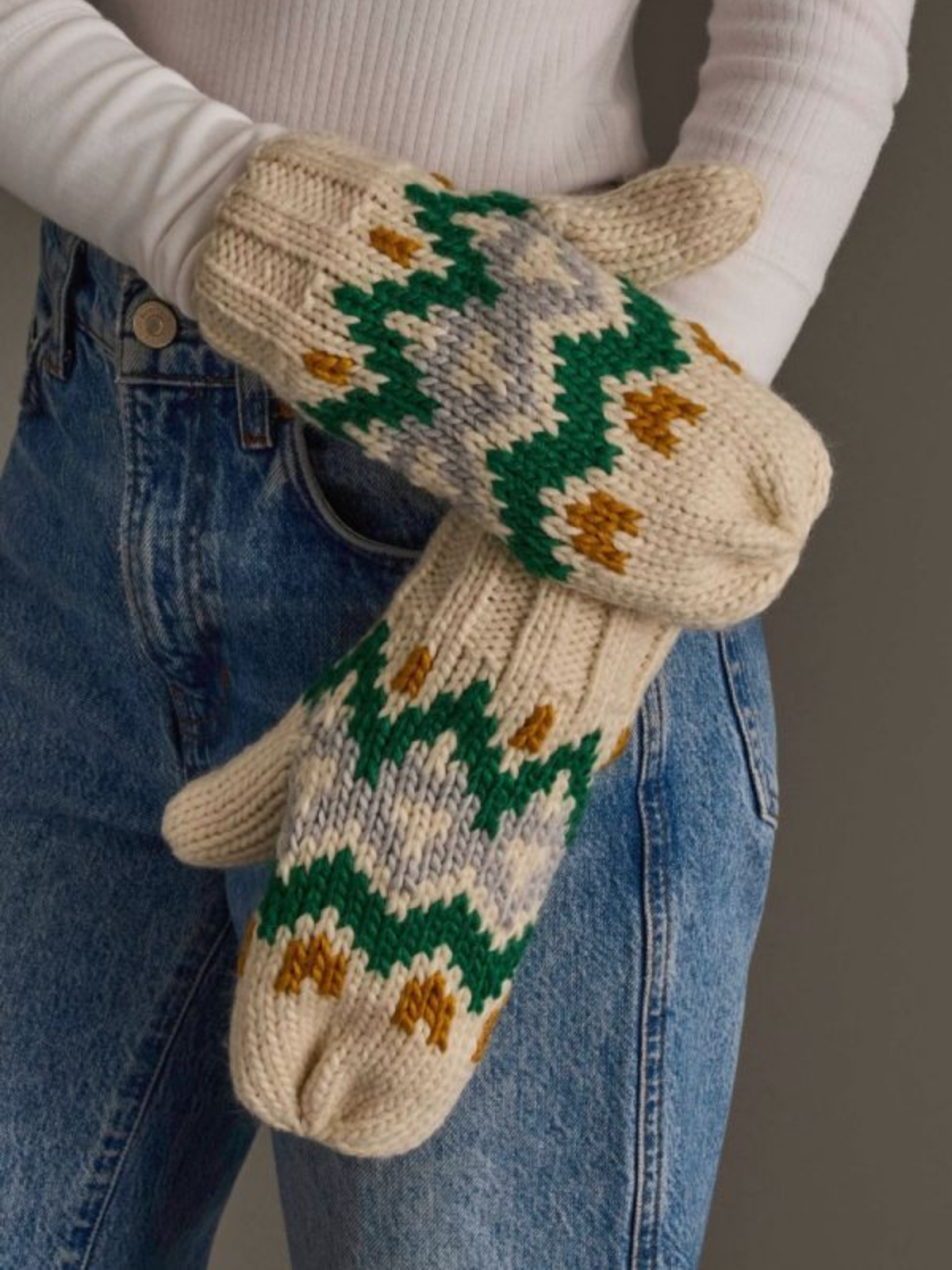 Cream, Gold, Green & Gray Patterned Mittens