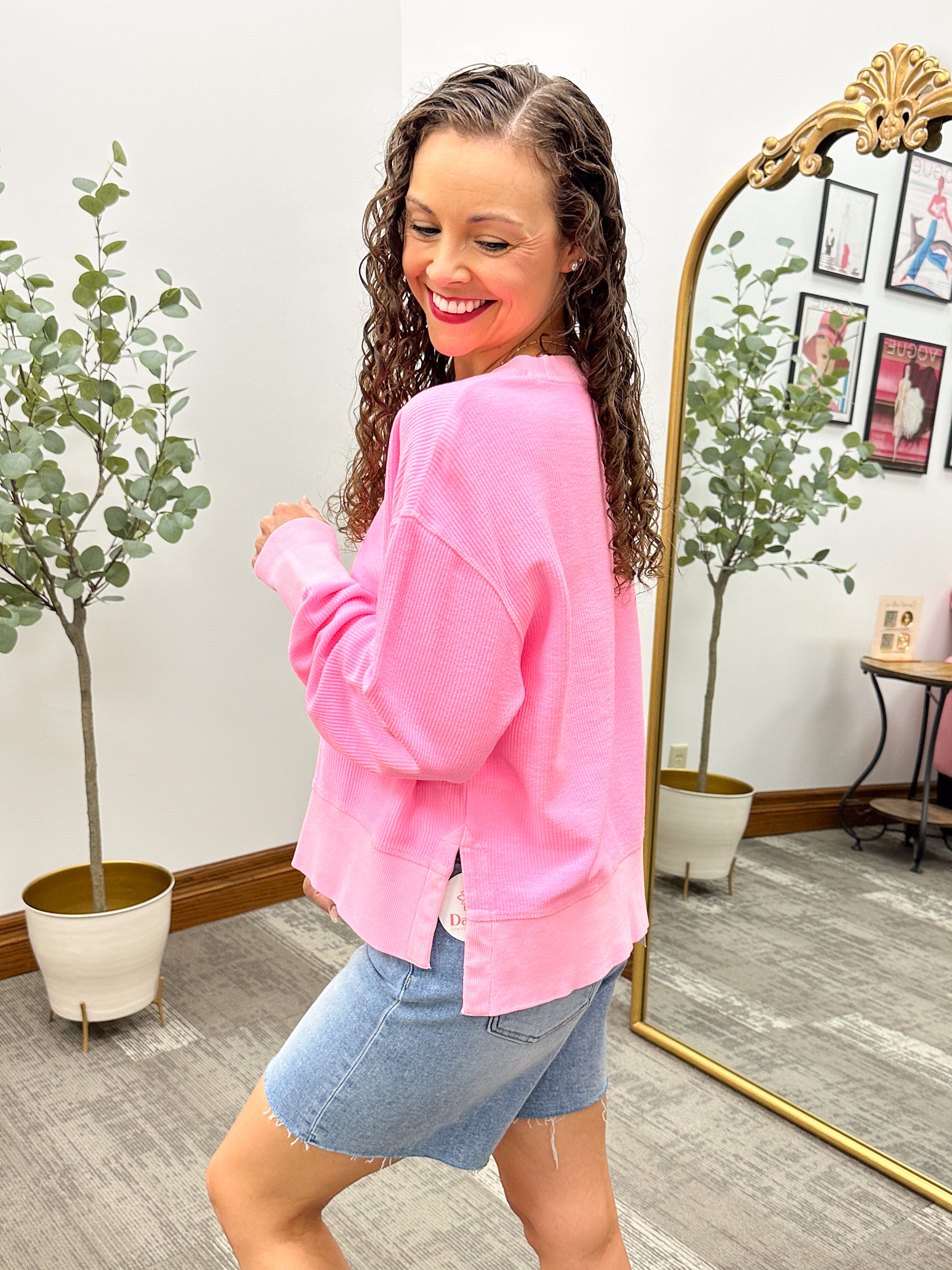 Neon Pink Split Hem Corded Crewneck