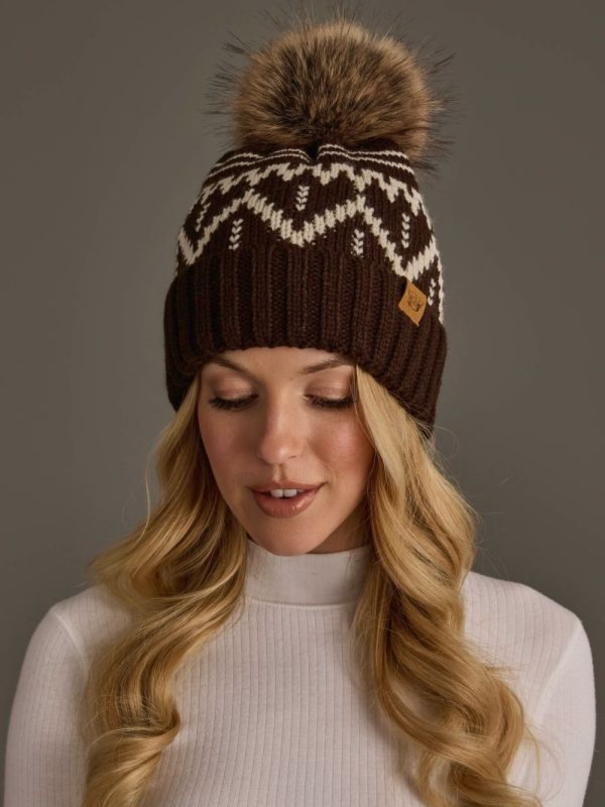 Brown & Cream Patterned Pom Hat