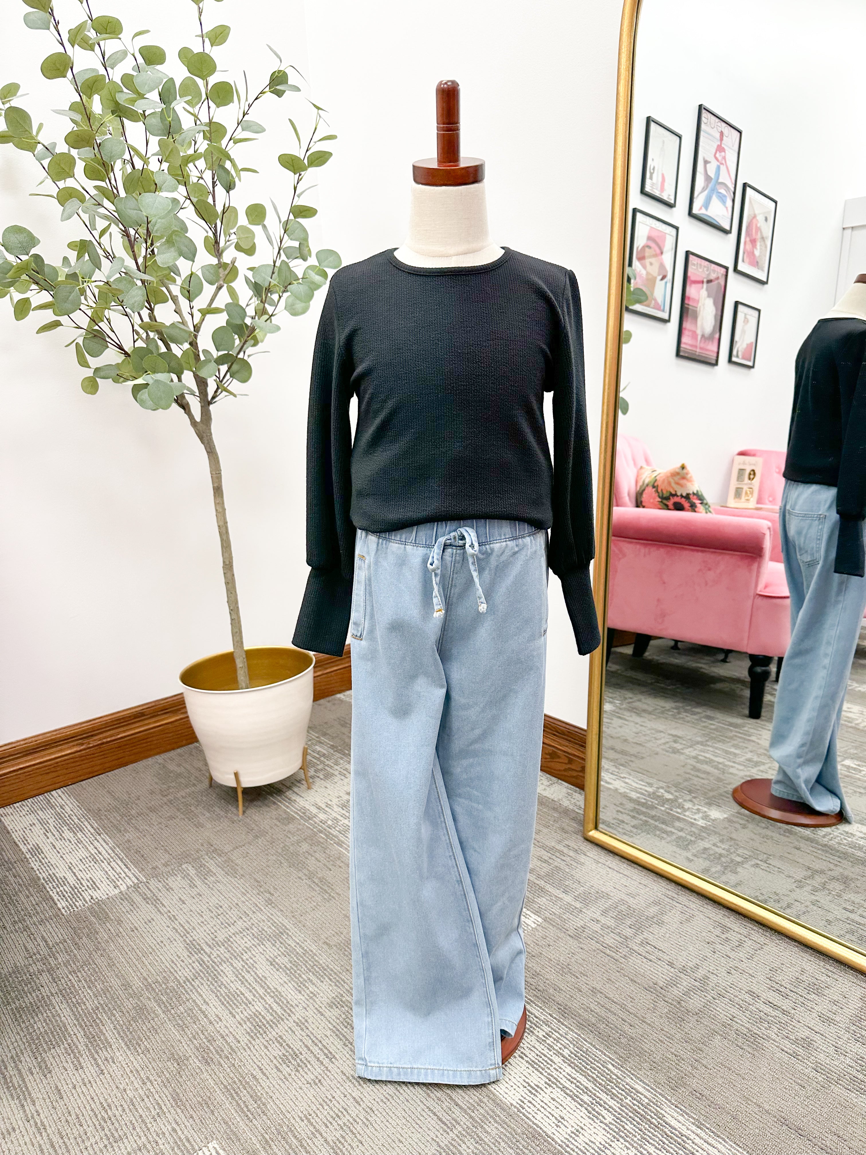 Girls Elastic Waist Wide Leg Jeans