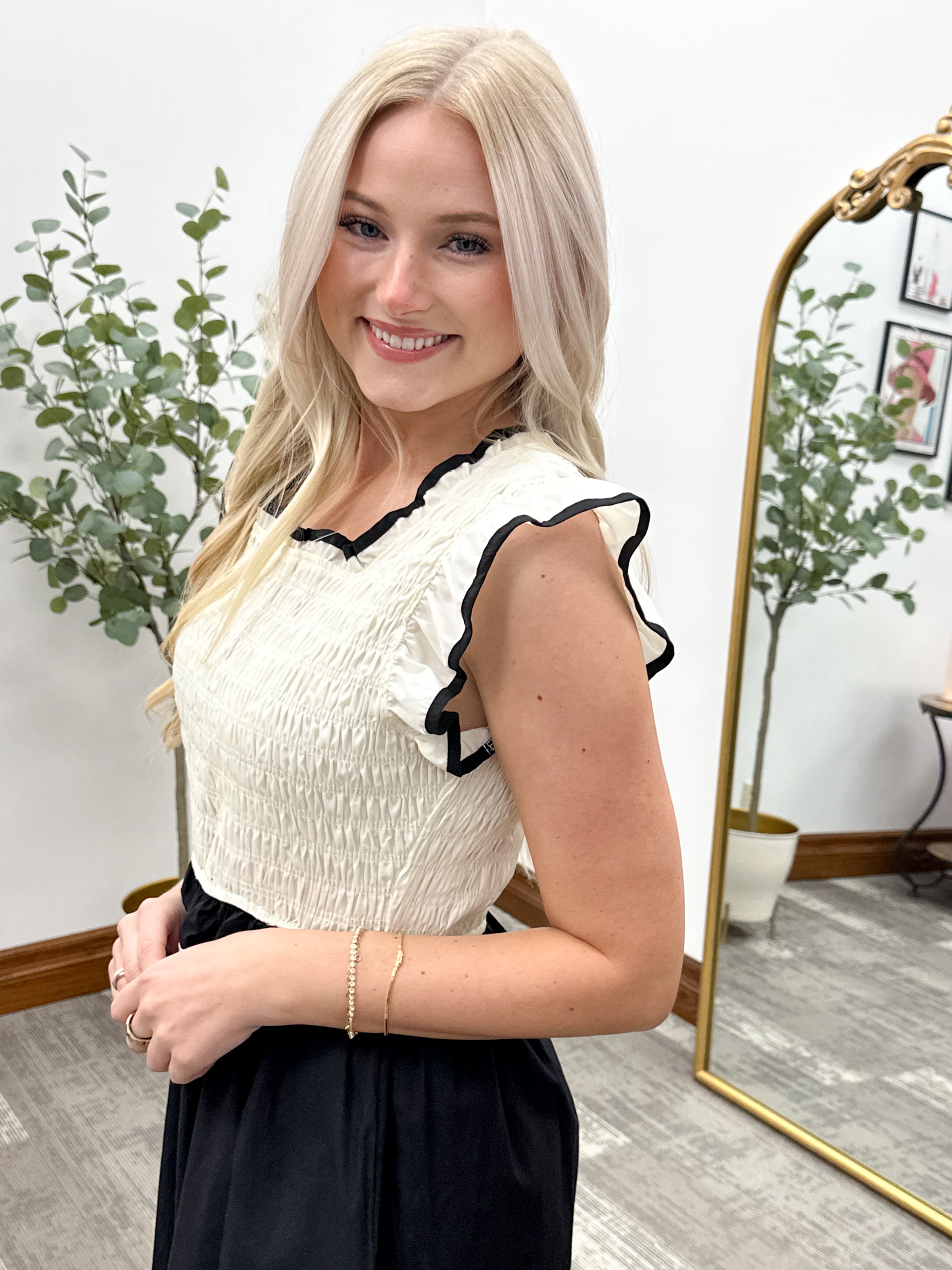 Black & Cream Smocked Midi Dress