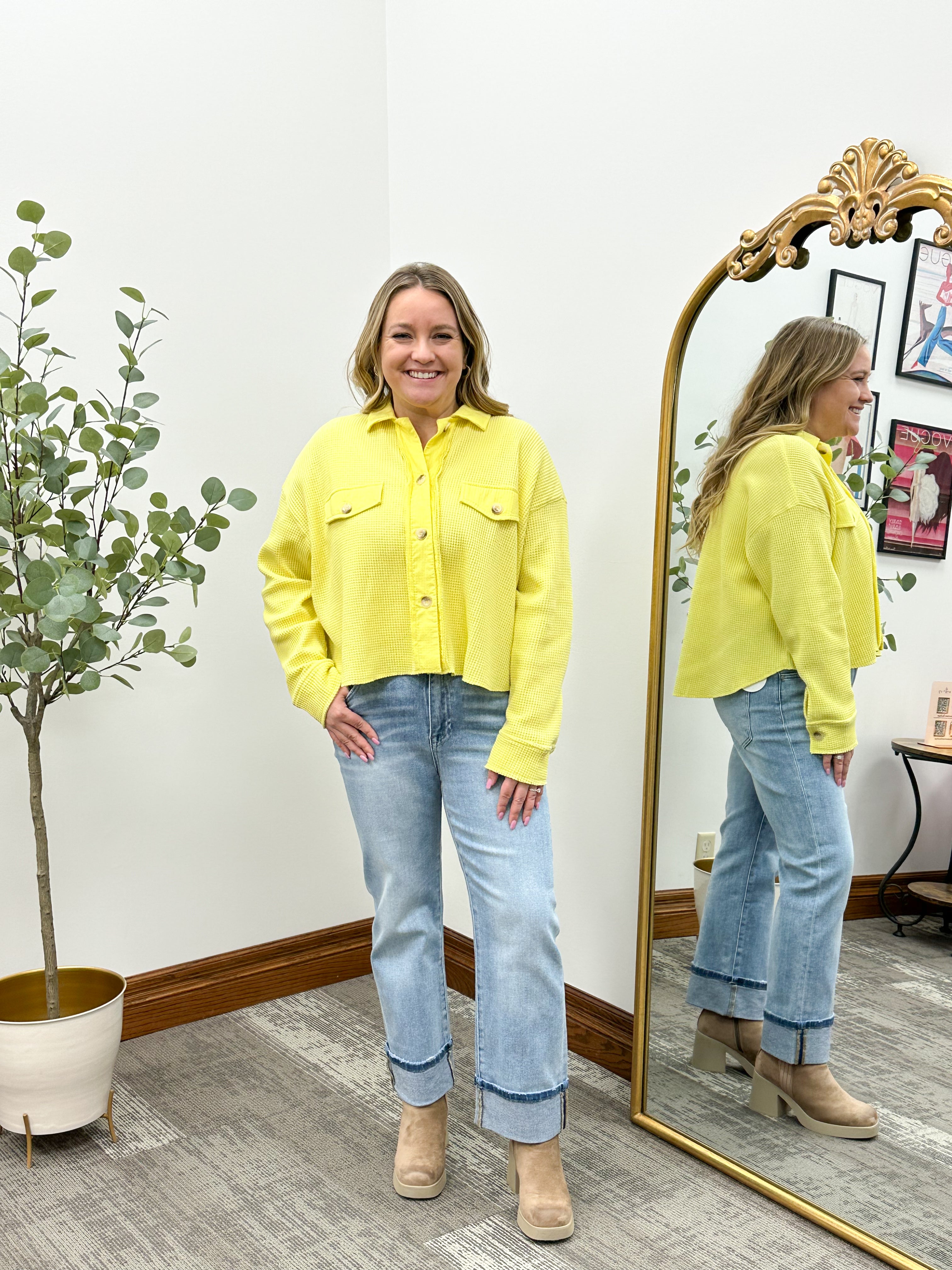 Yellow Waffle Knit Cropped Shacket