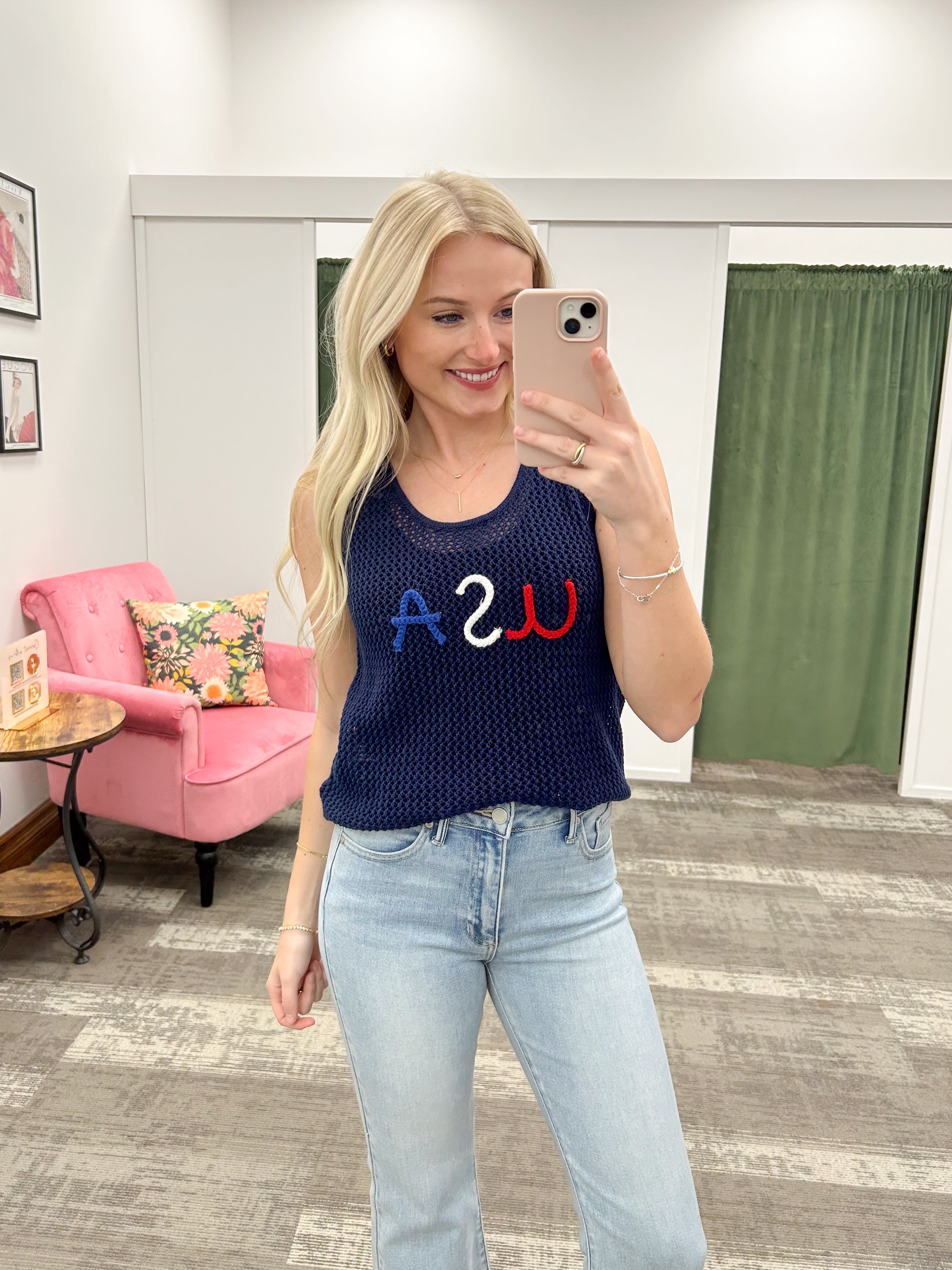 Navy Loose Knit USA Sweater Tank