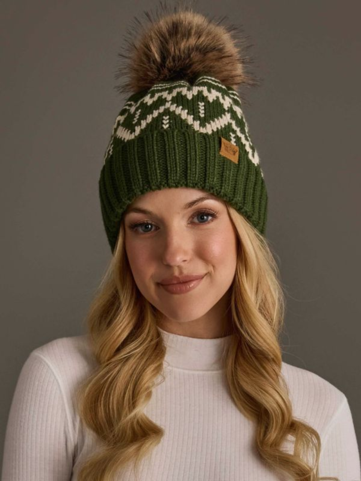 Olive & Cream Patterned Pom Hat
