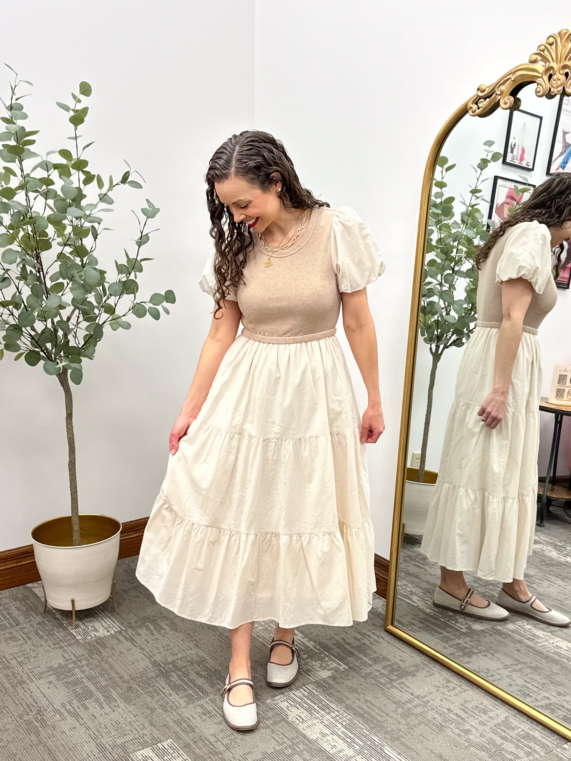 Neutral Mixed Material Maxi Dress