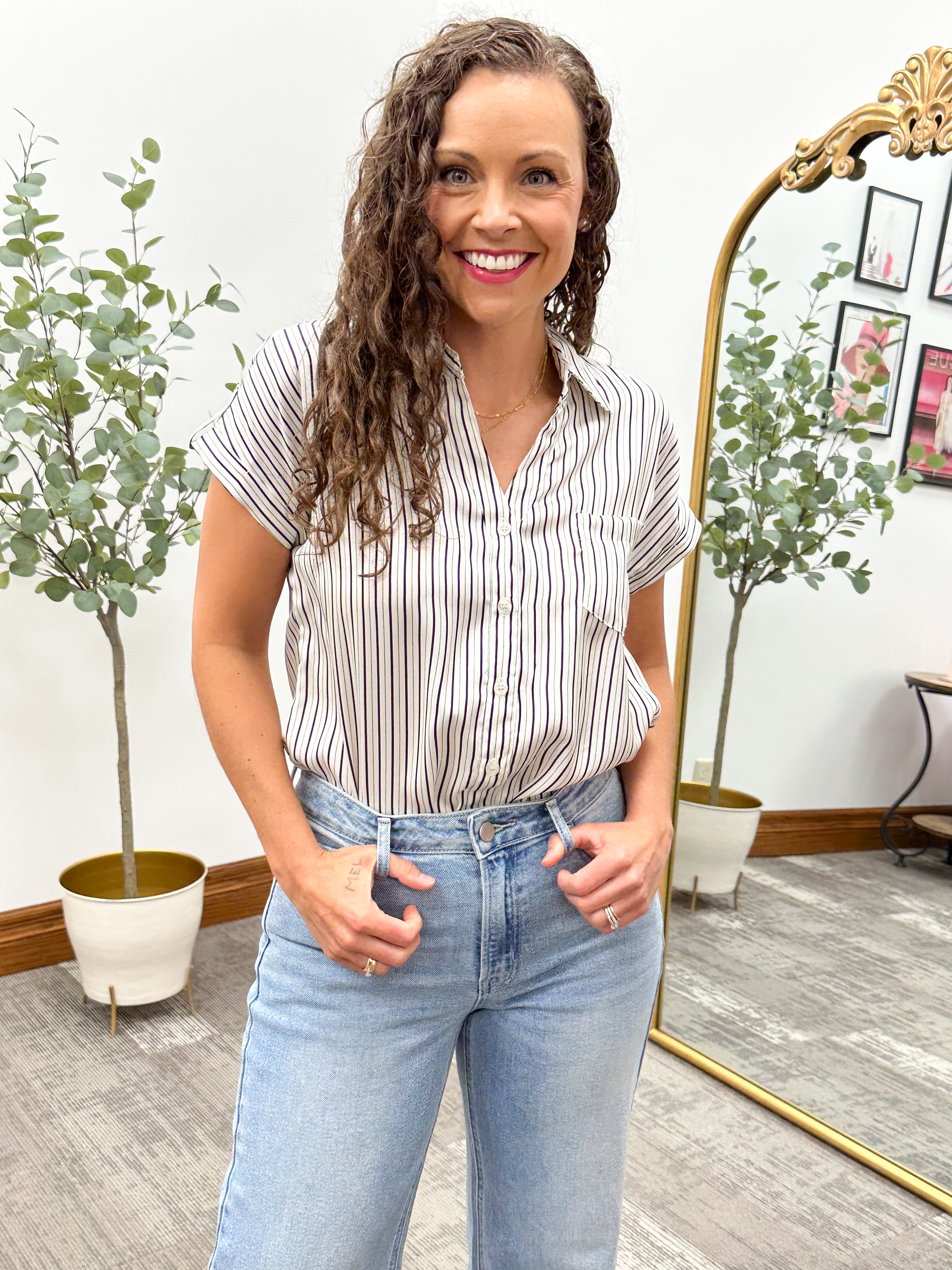 Black and White Striped Button Up Top With Collar For Work Or Dressier Occasions