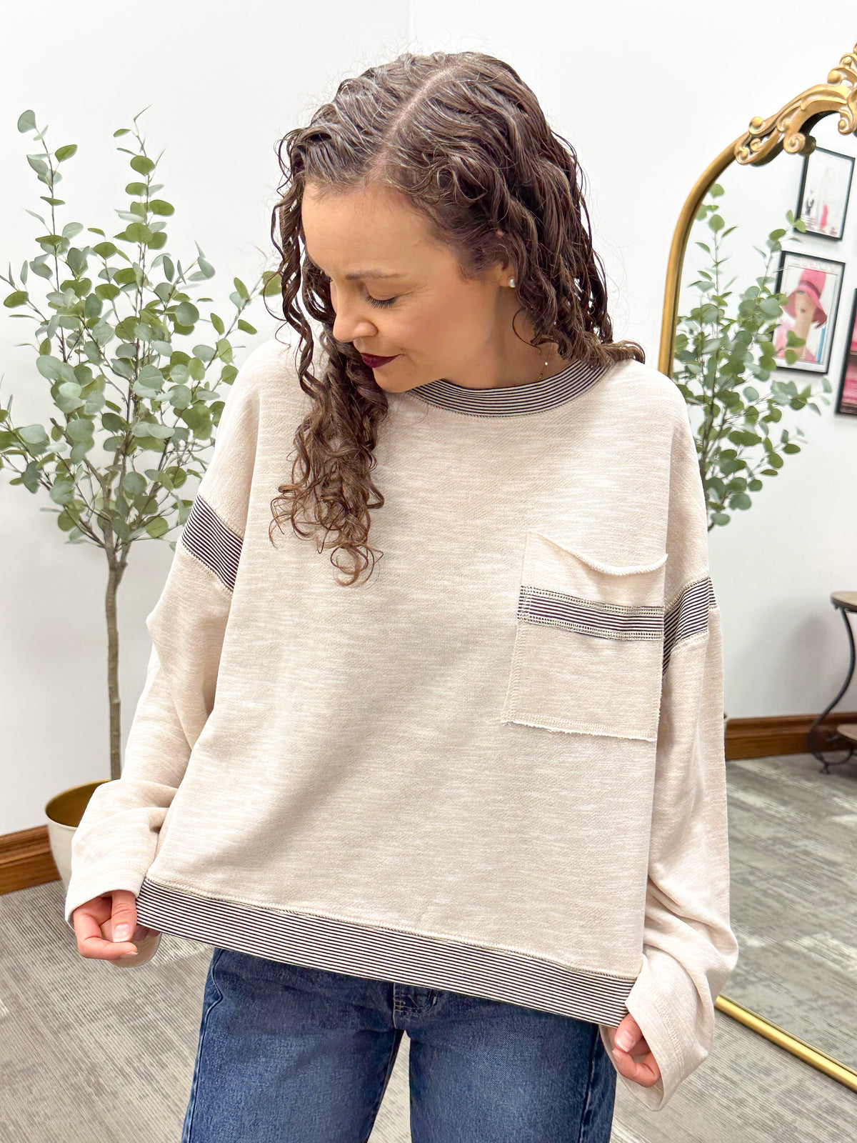 Beige Contrast Stripe Long Sleeve Top