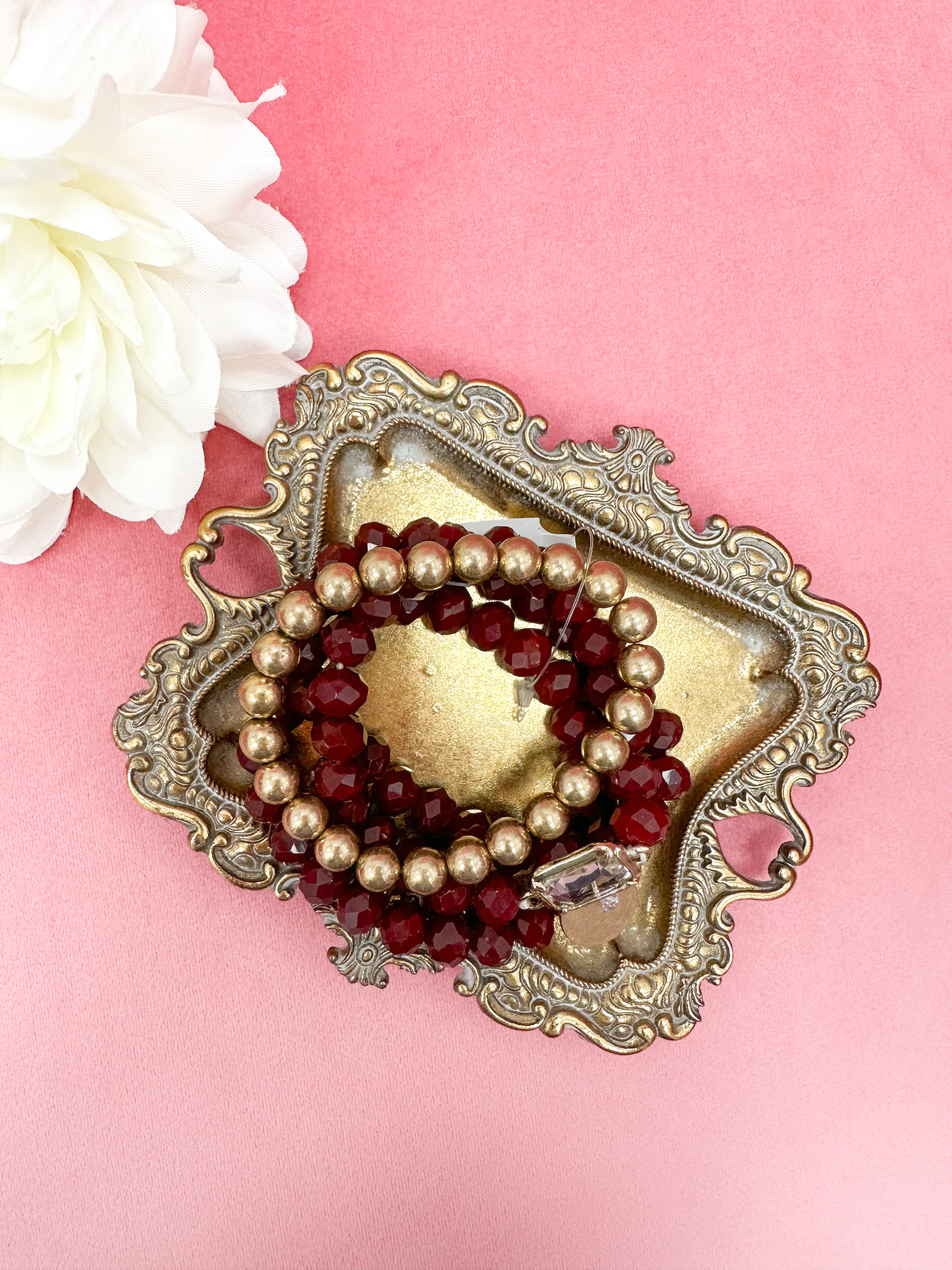 Maroon & Gold Beaded Bracelet Set