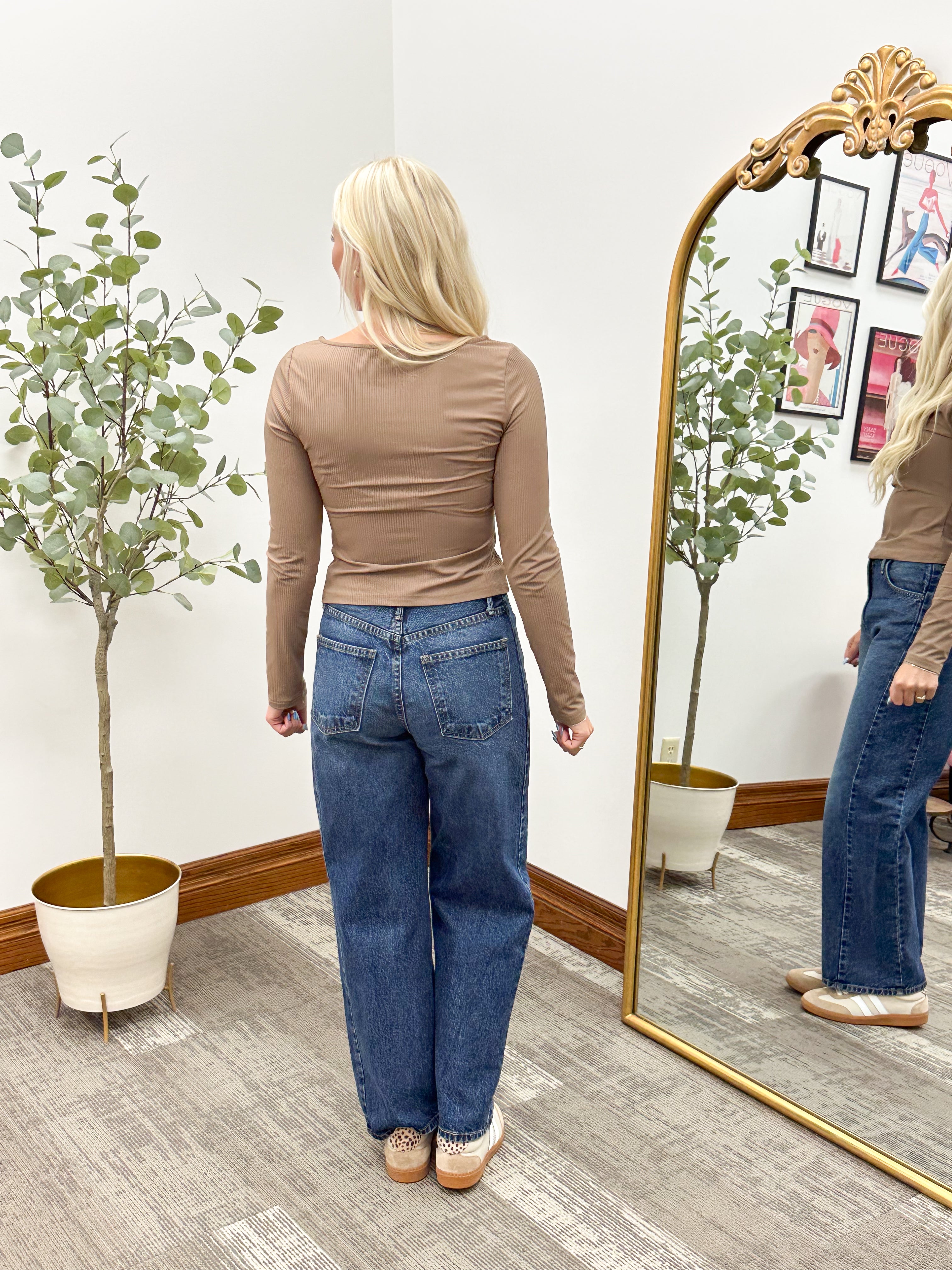 Mocha Ribbed Boatneck Long Sleeve Top