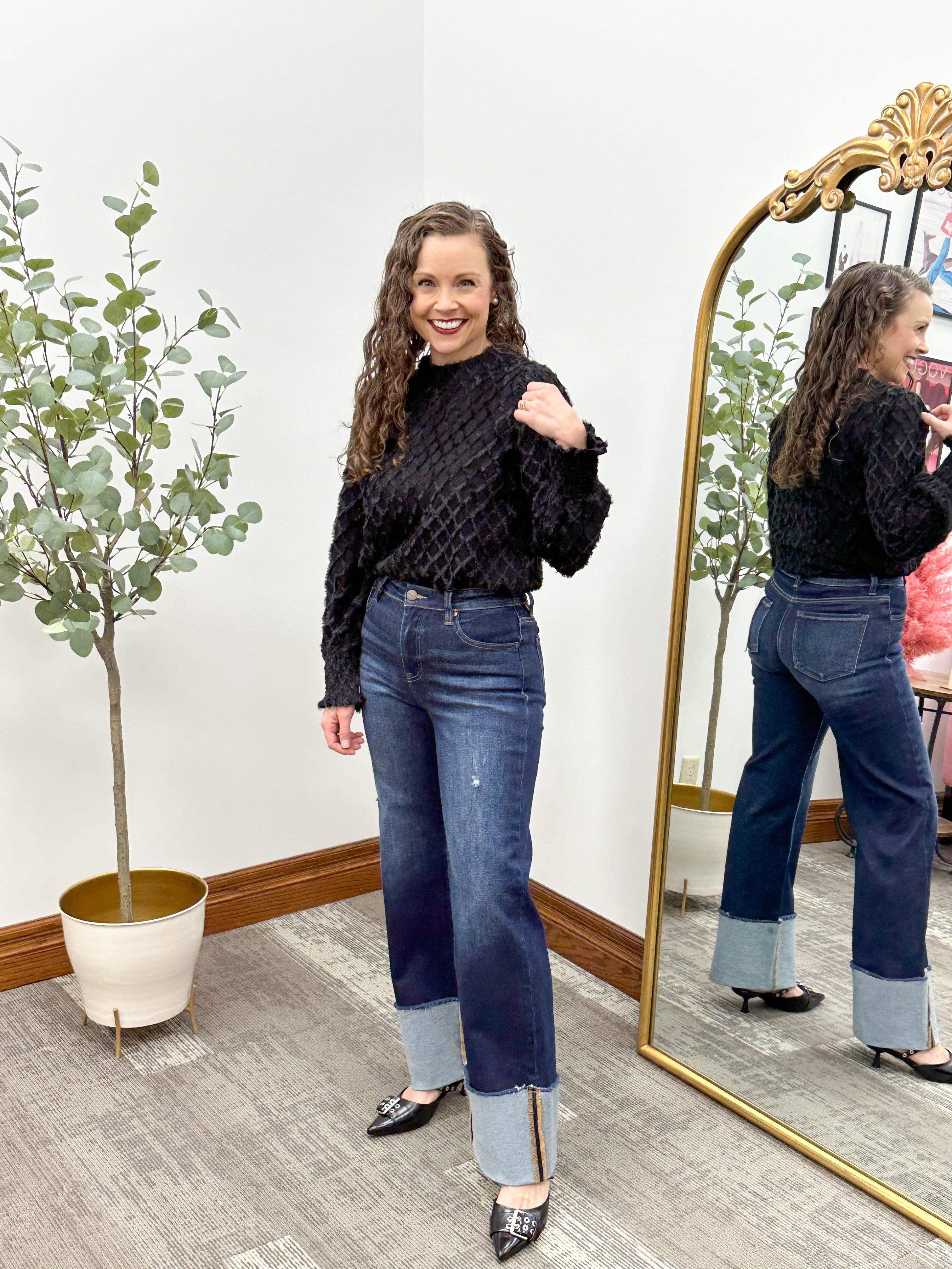 Black Fuzzy Grid Mock Neck Top