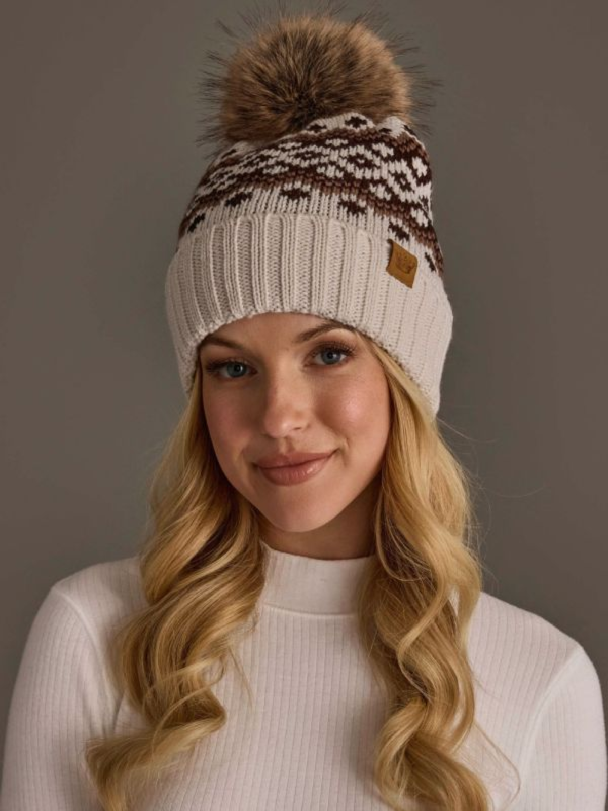 Light Taupe, Brown & Mocha Patterned Pom Hat