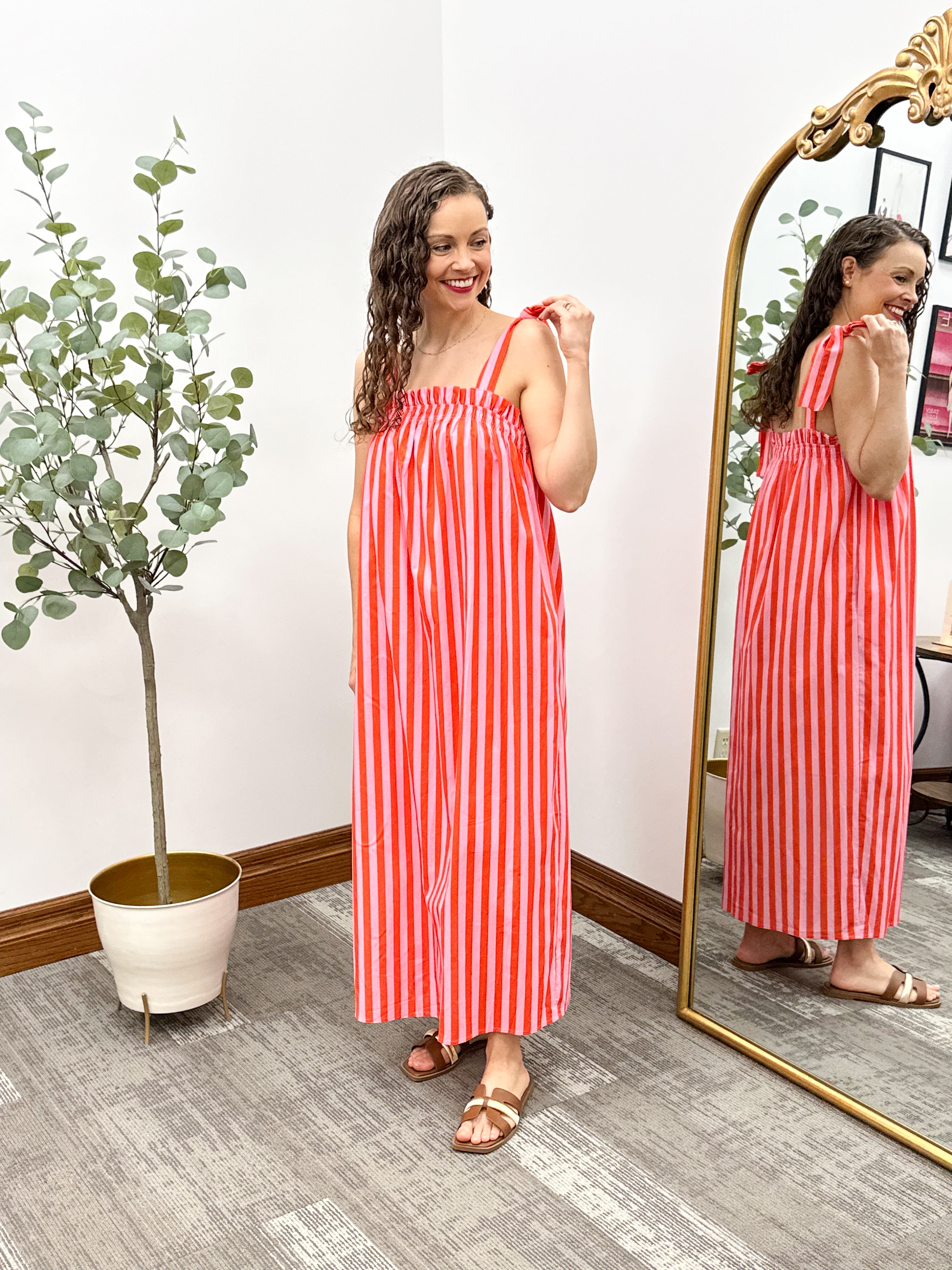 Pink & Red Stripe Tie Strap Midi Dress