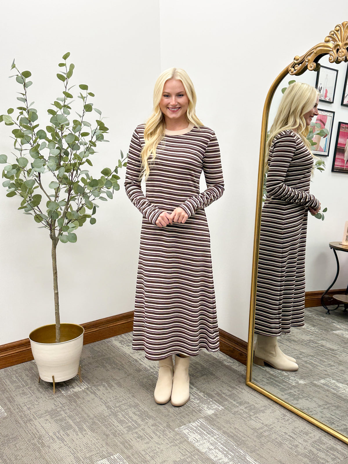 Brown Multi Stripe Textured Midi Dress