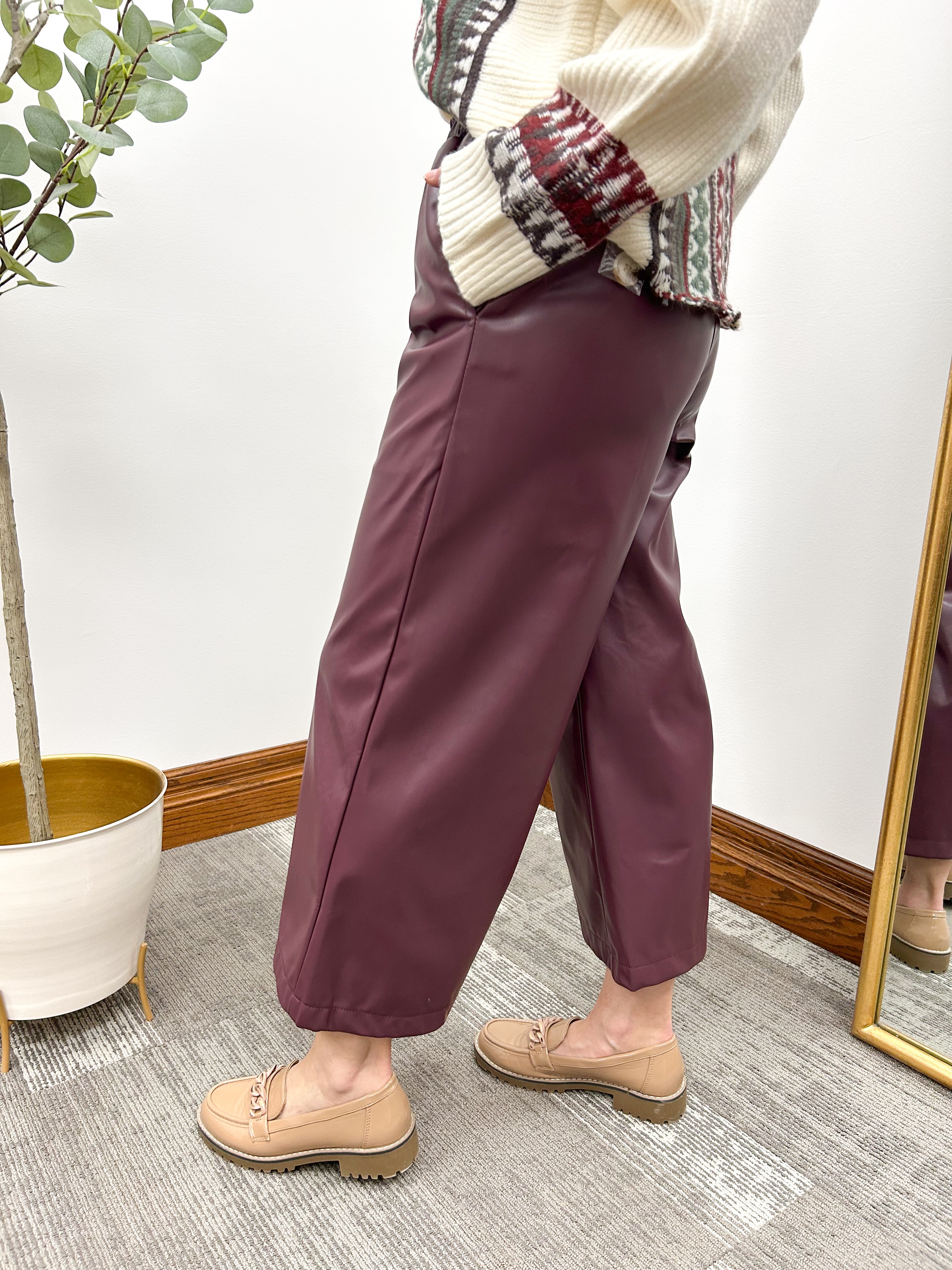 Maroon Wide Leg Faux Leather Culotte Pants