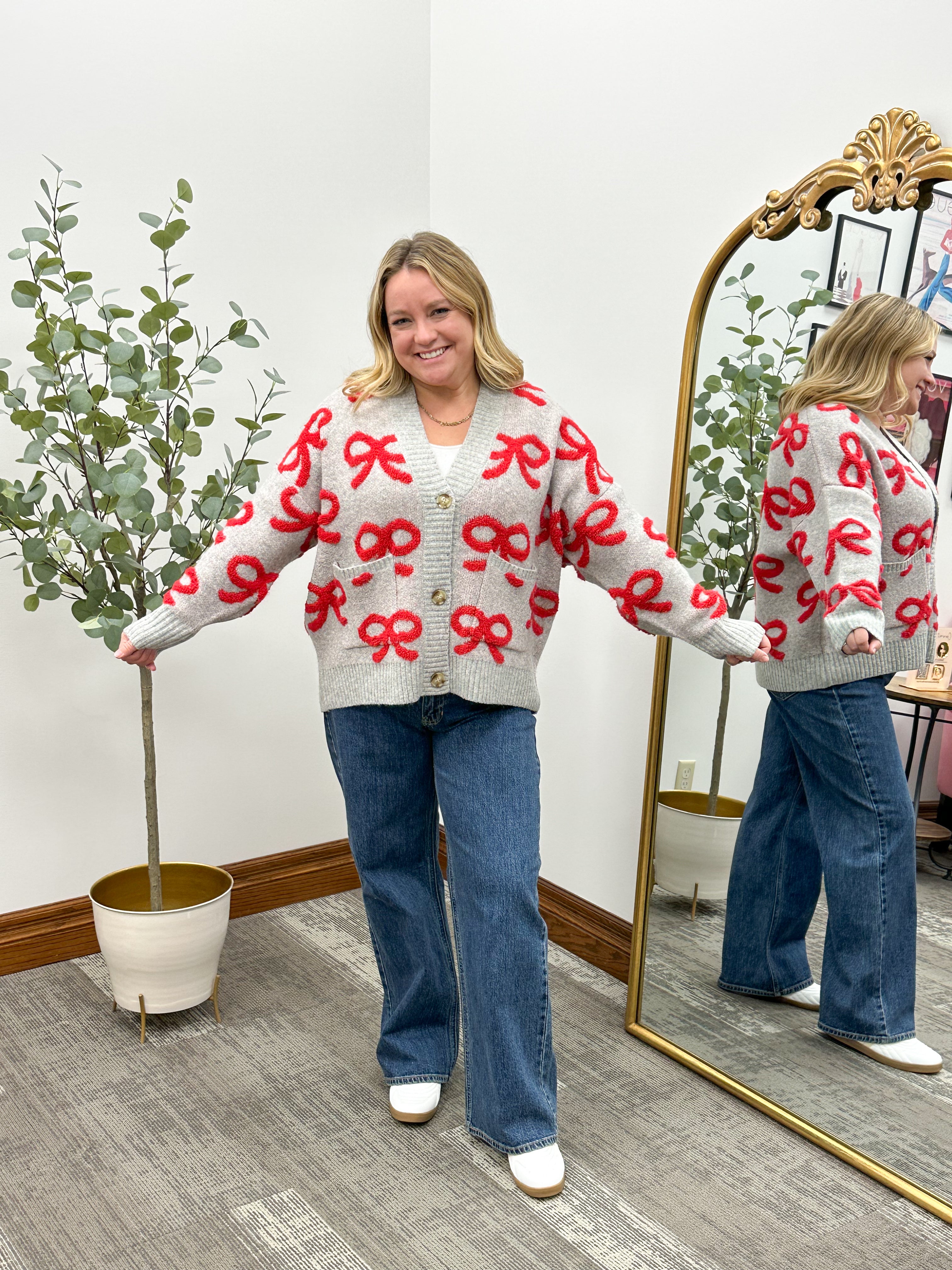 Gray Red Bow Cardigan