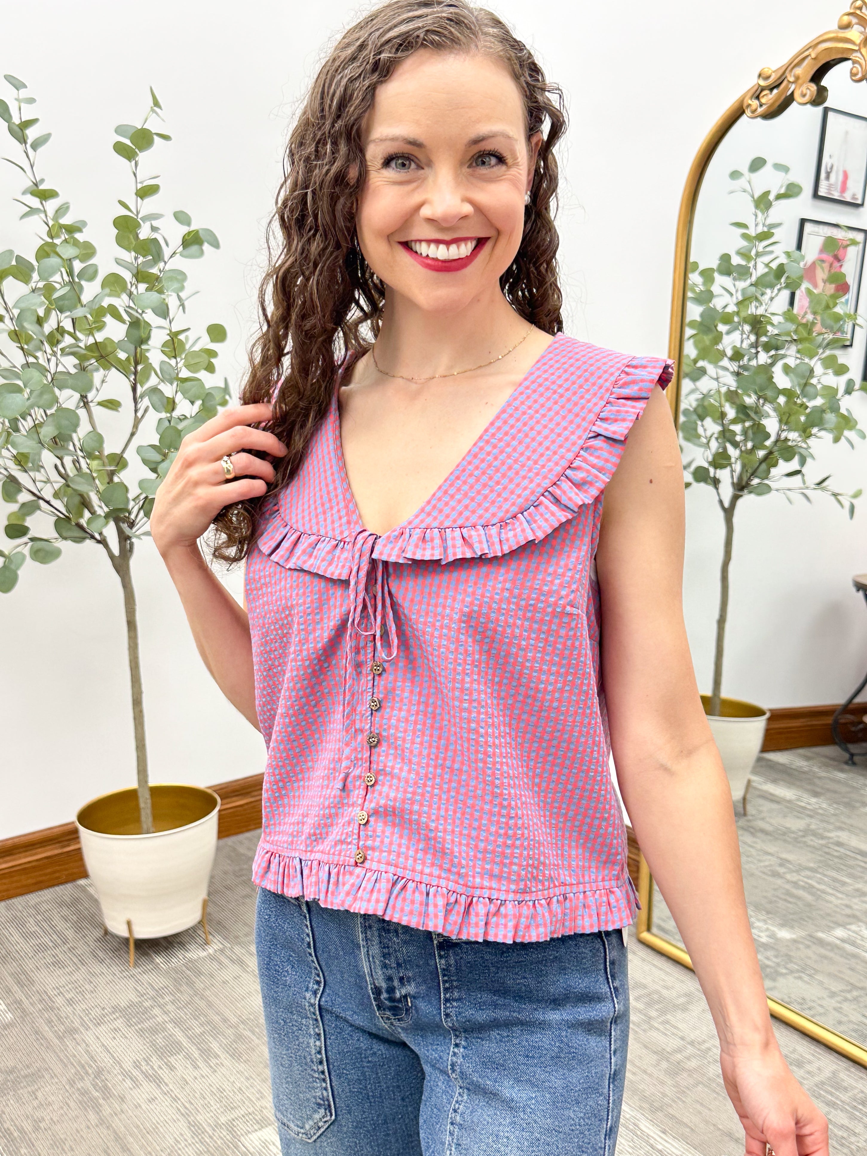 Plaid Peter Pan Collar Sleeveless Blouse