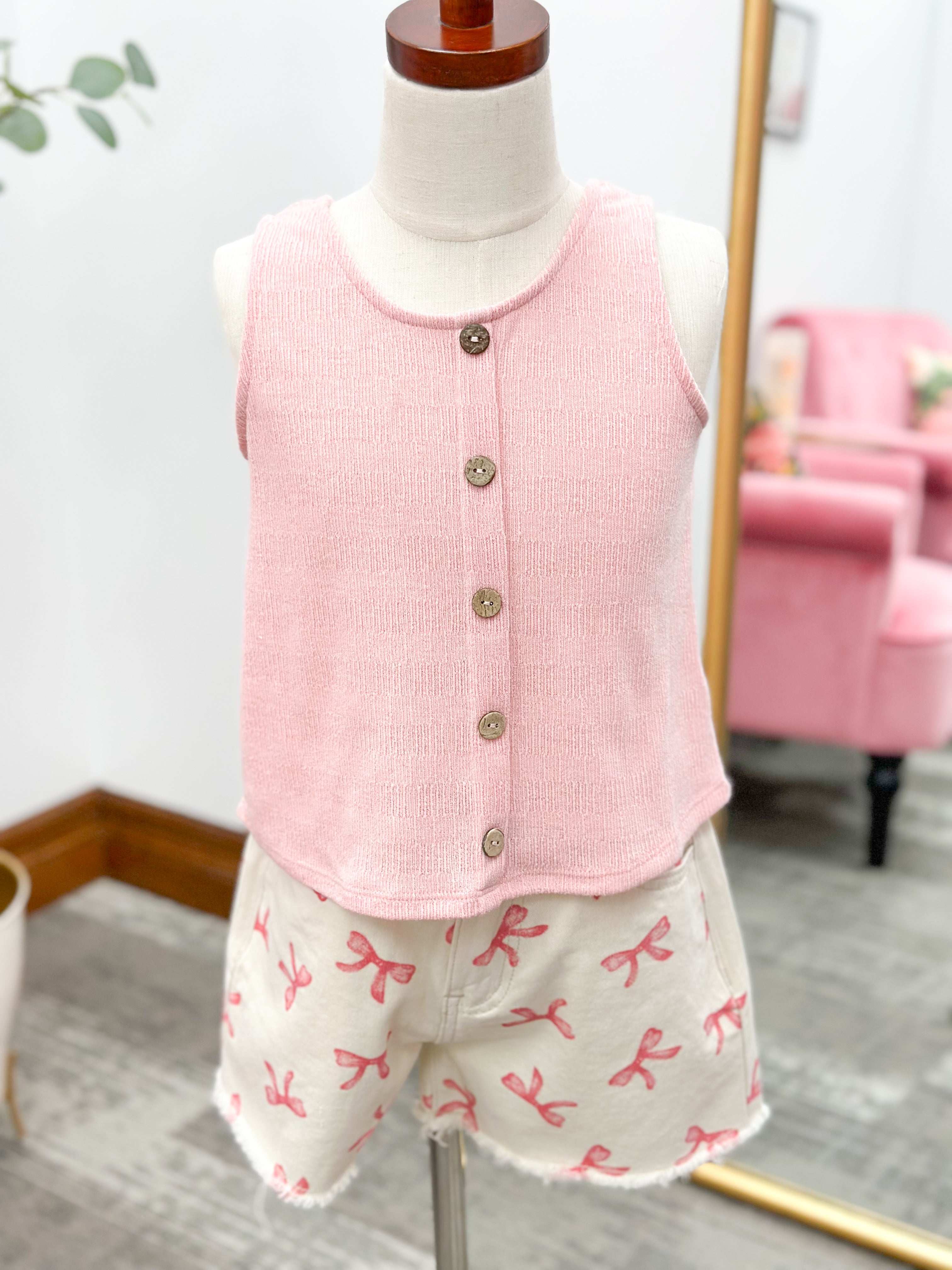Girls Pink Button Tank Top