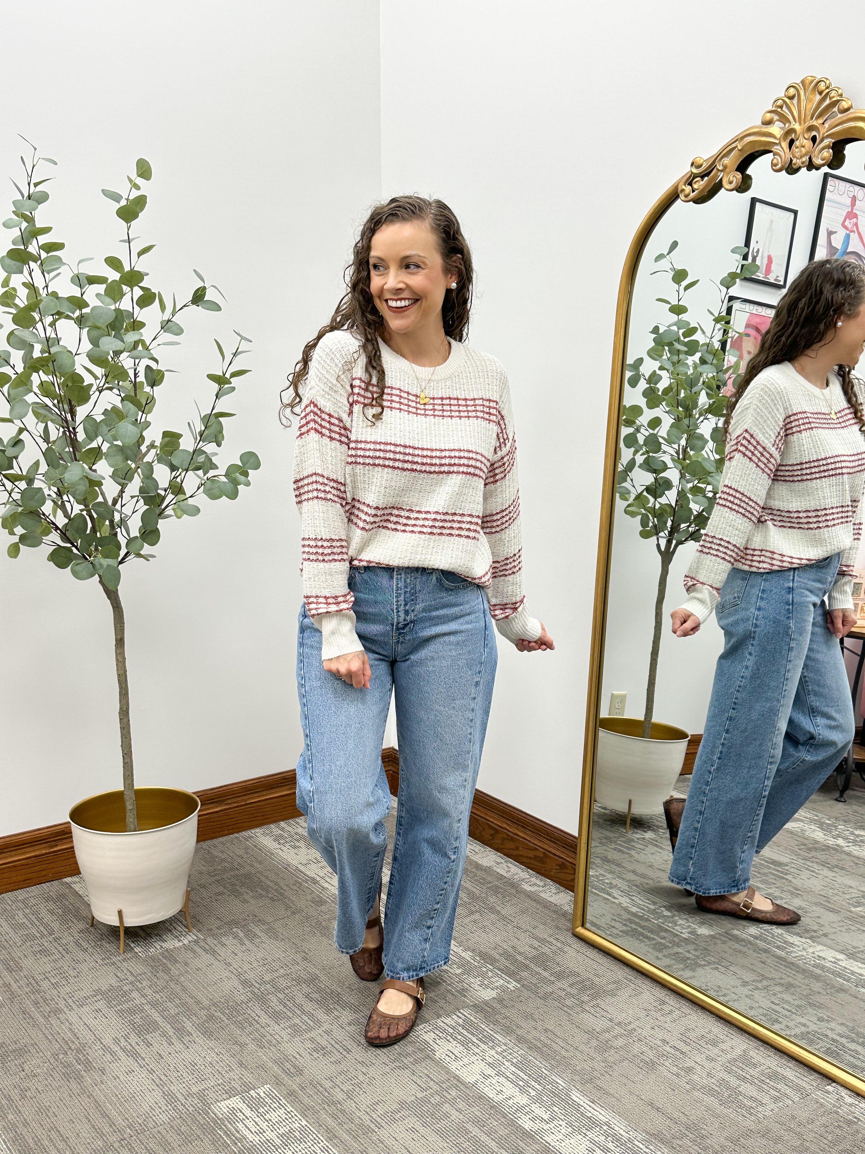 Cream & Red Striped Textured Sweater