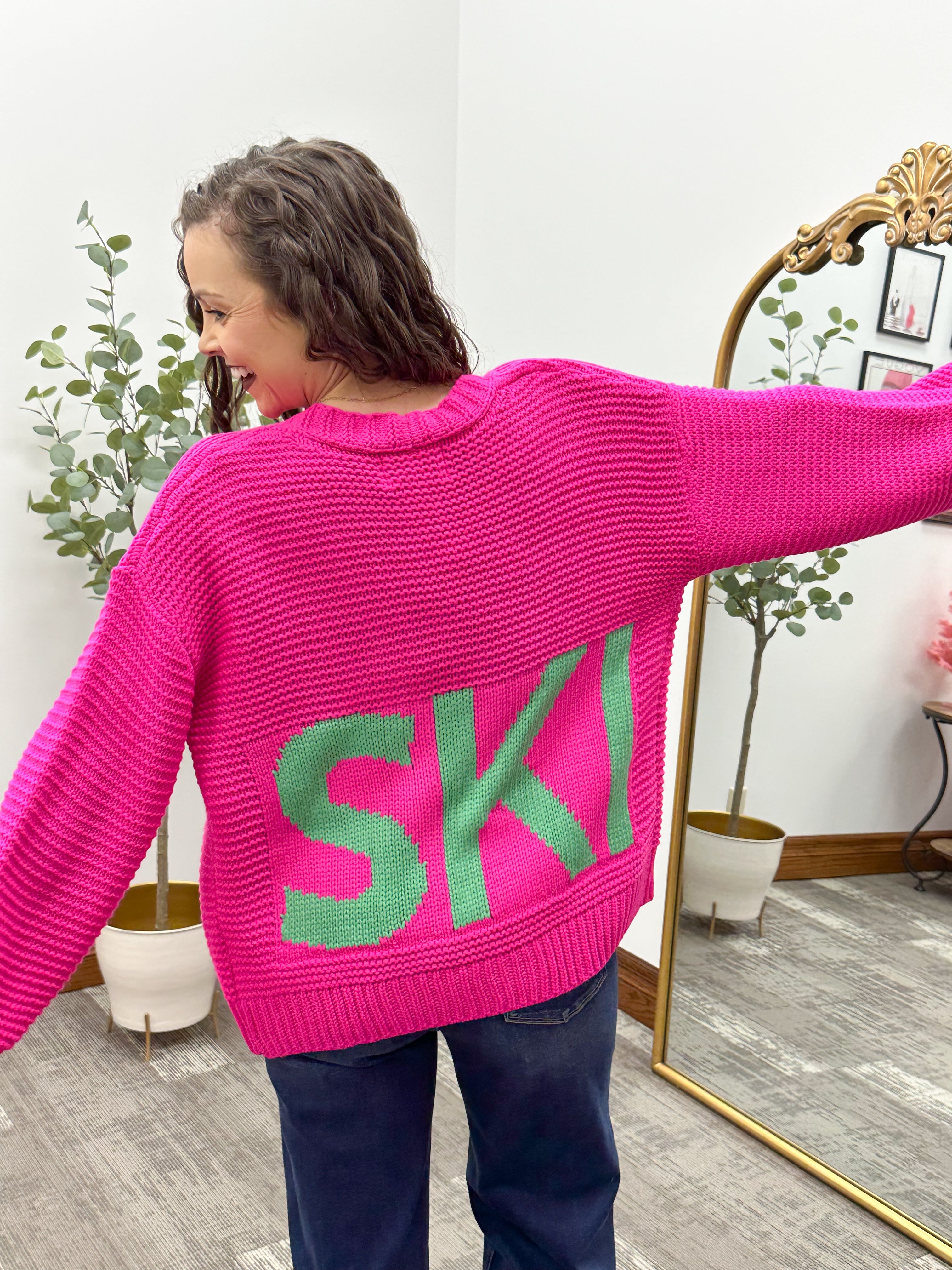 Hot Pink Chunky Knit 'SKI' Cardigan