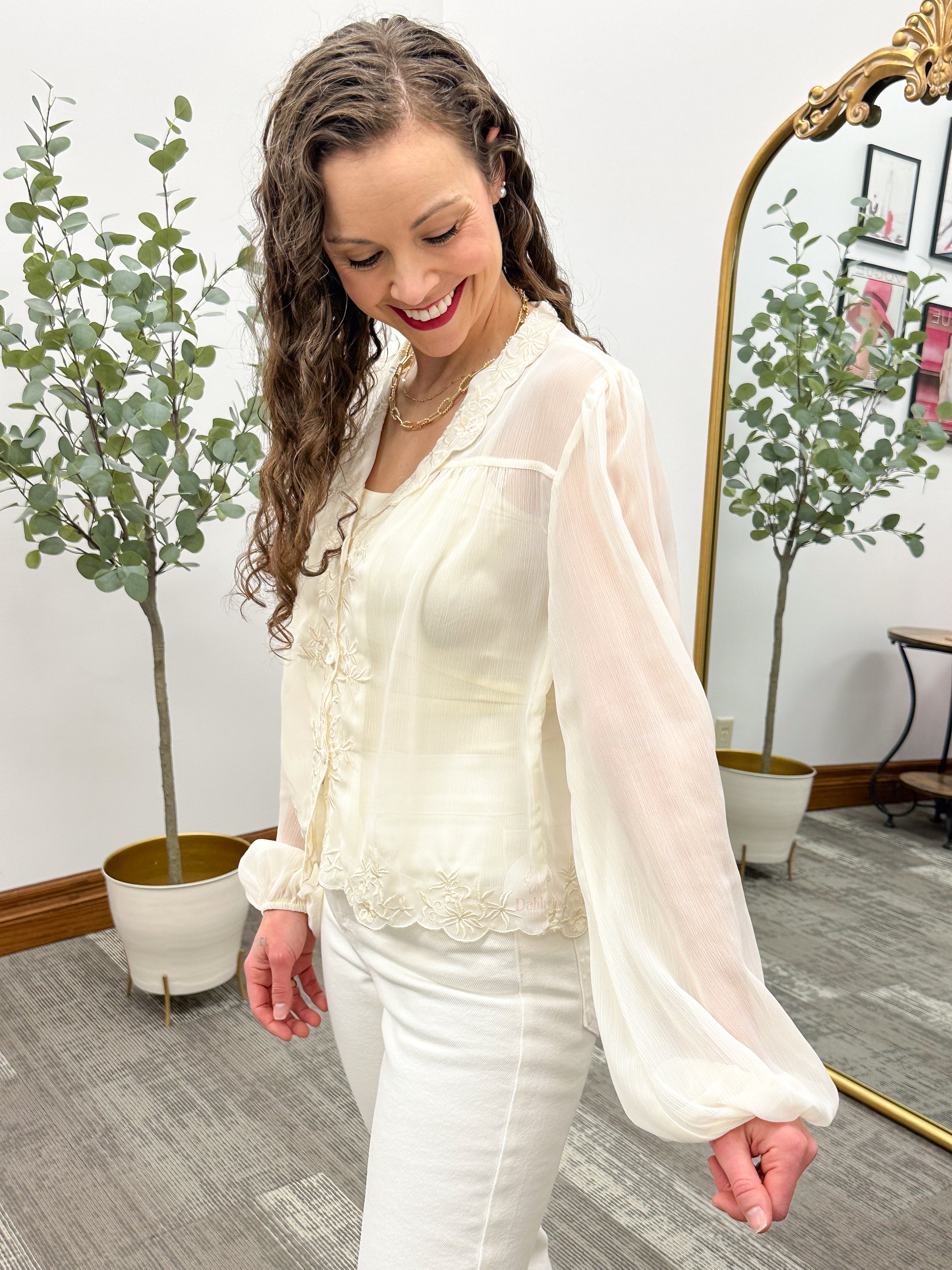 Cream Embroidered Chiffon Blouse
