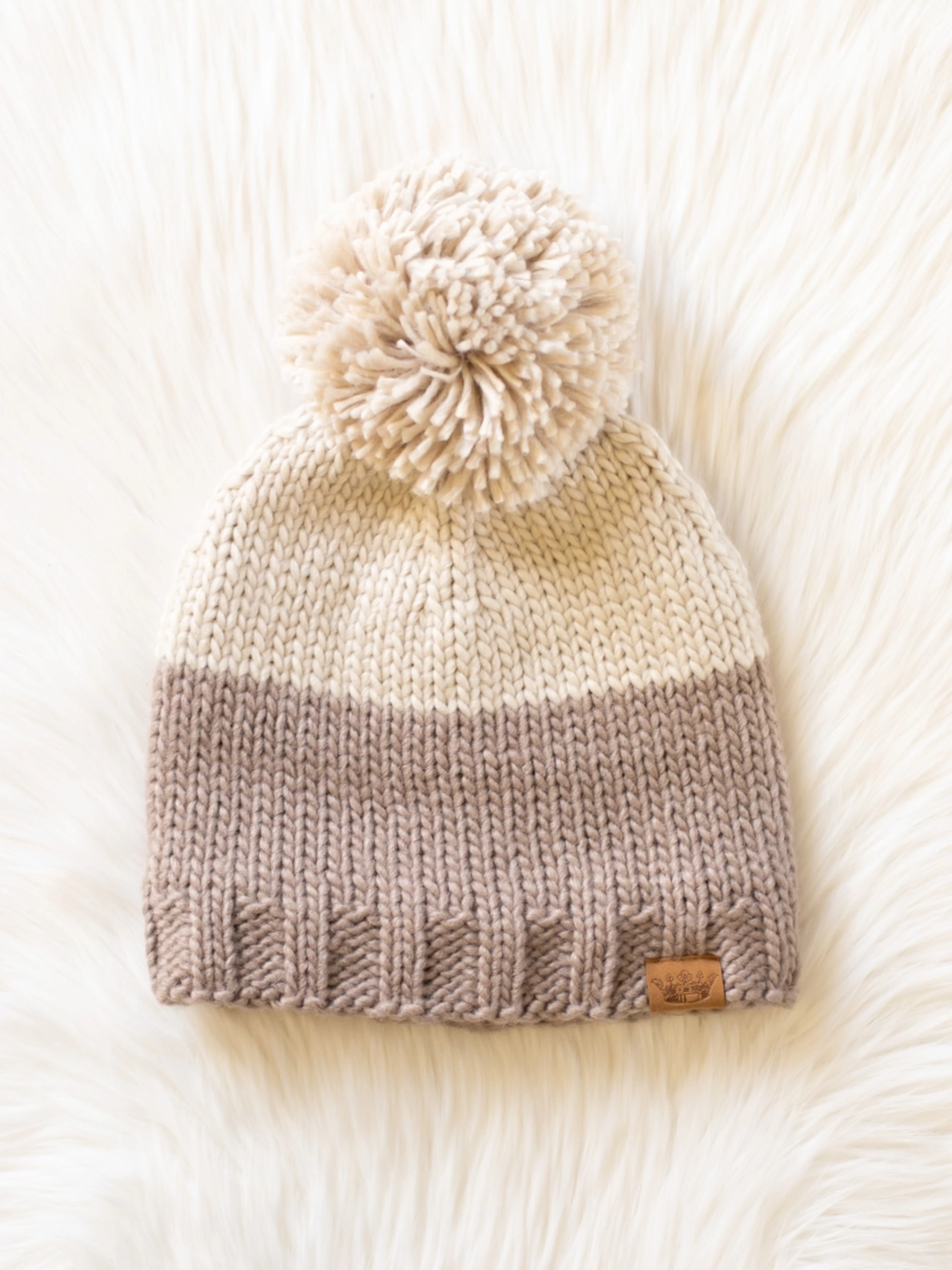 Beige & Taupe Color Block Pom Hat