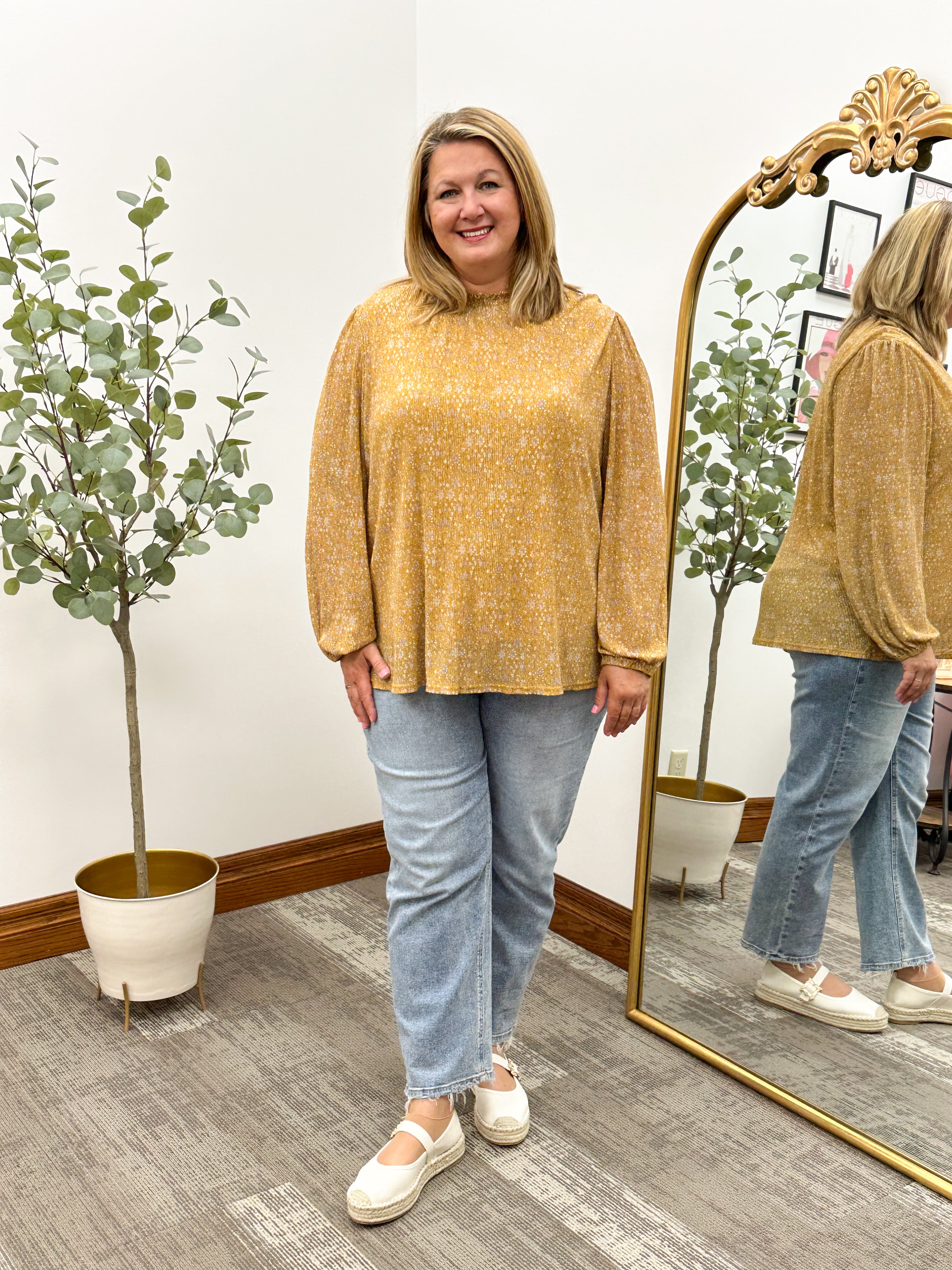 Floral Mustard Pleated Blouse