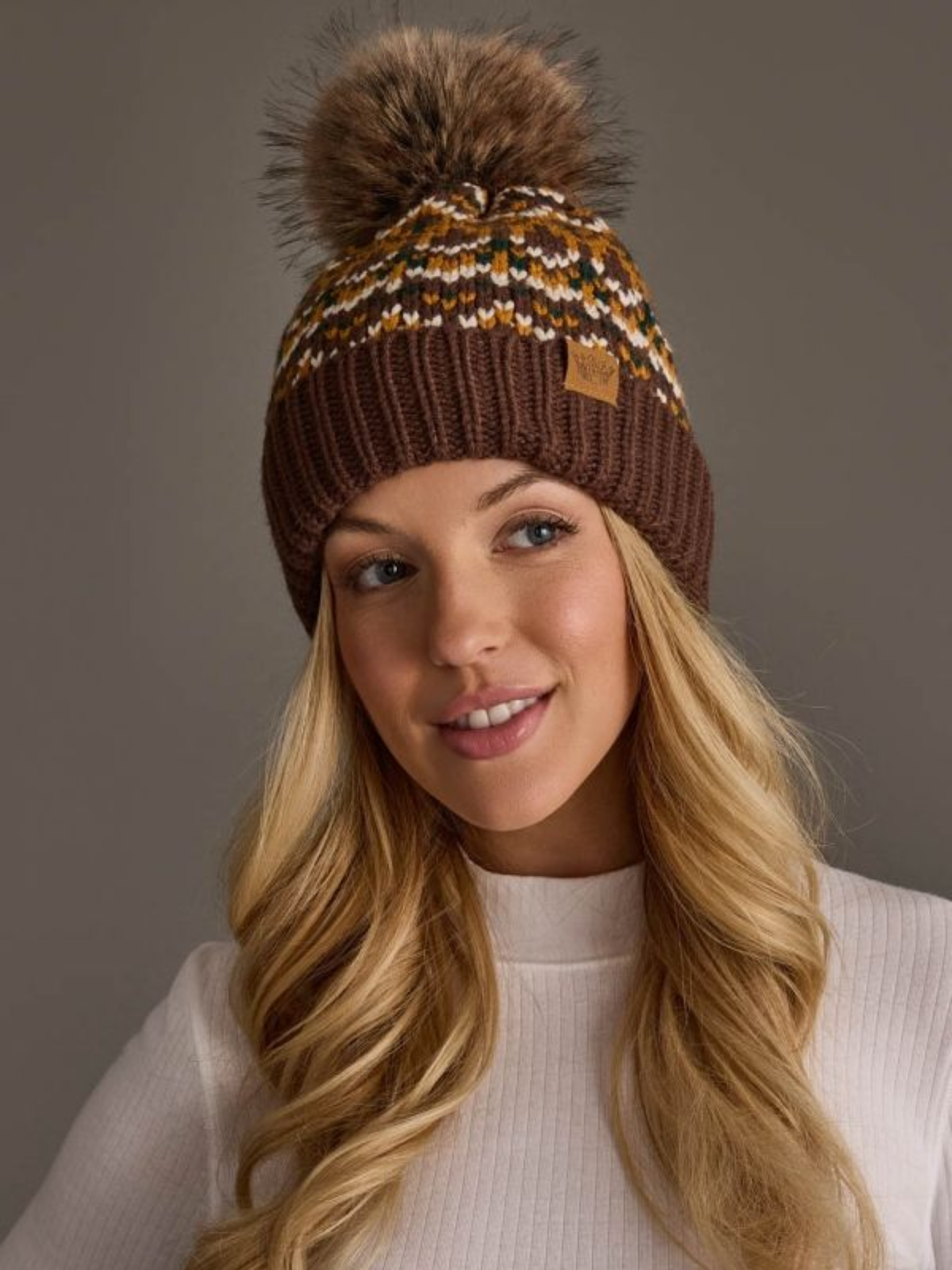 Brown & Mustard Patterned Pom Hat