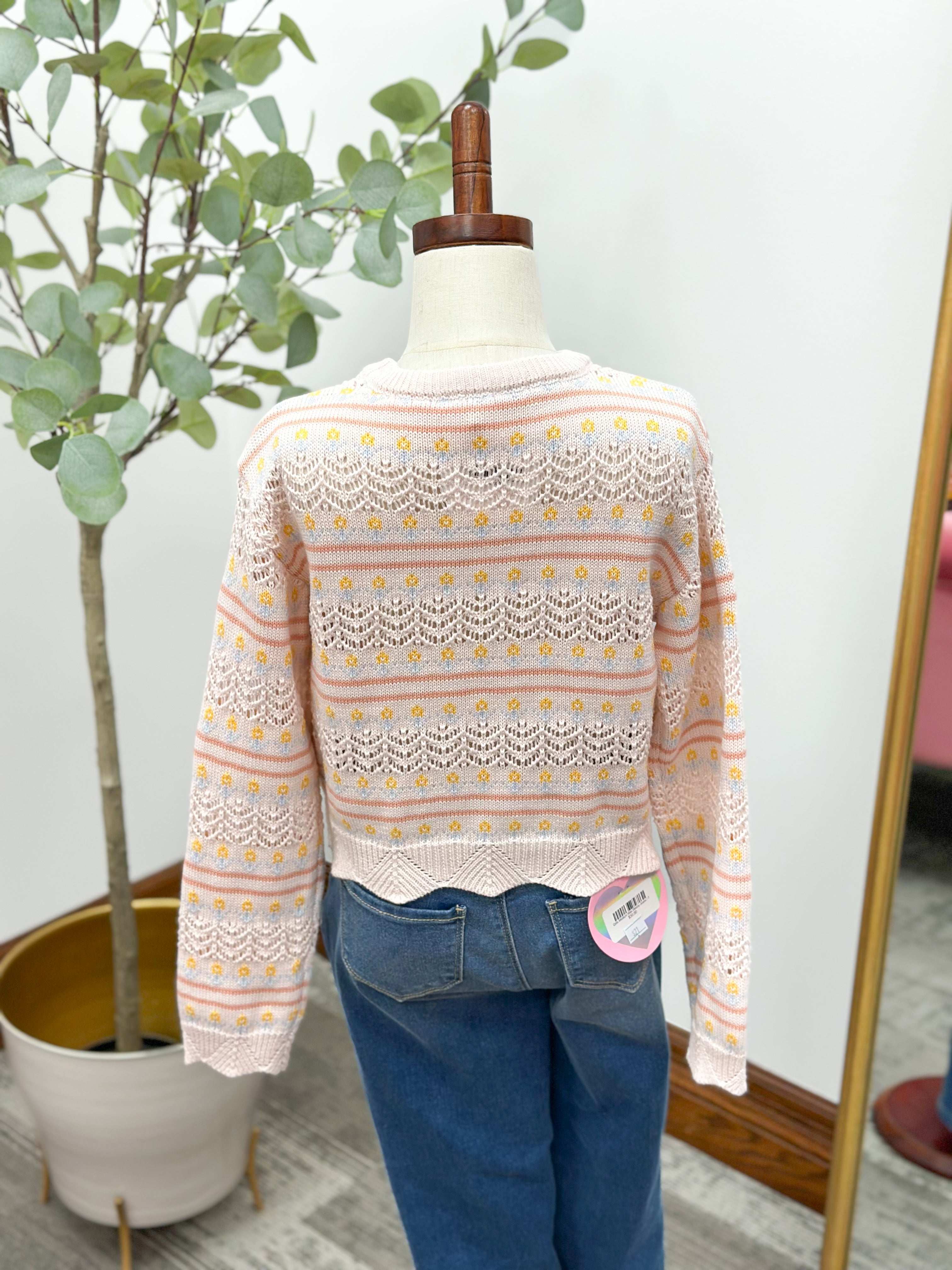 Girls Floral Pointelle Knit Sweater